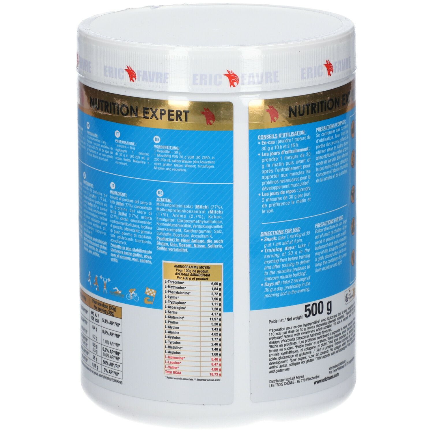 Dos du pot blanc. Étiquette bleue avec texte. 500 g. Informations sur les ingrédients et l'utilisation.