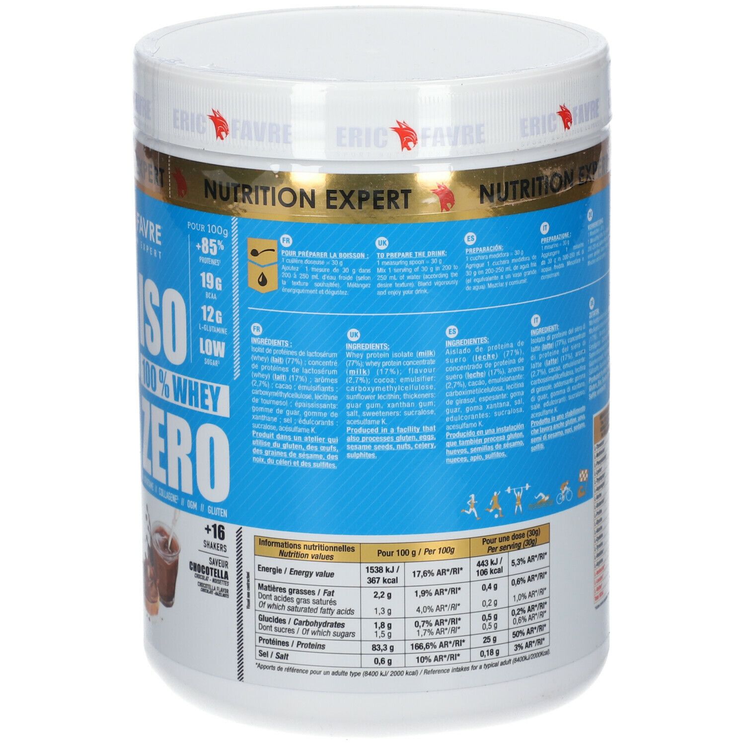 Dos du pot blanc. Étiquette bleue avec texte. 500 g. Informations nutritionnelles pour 100g.