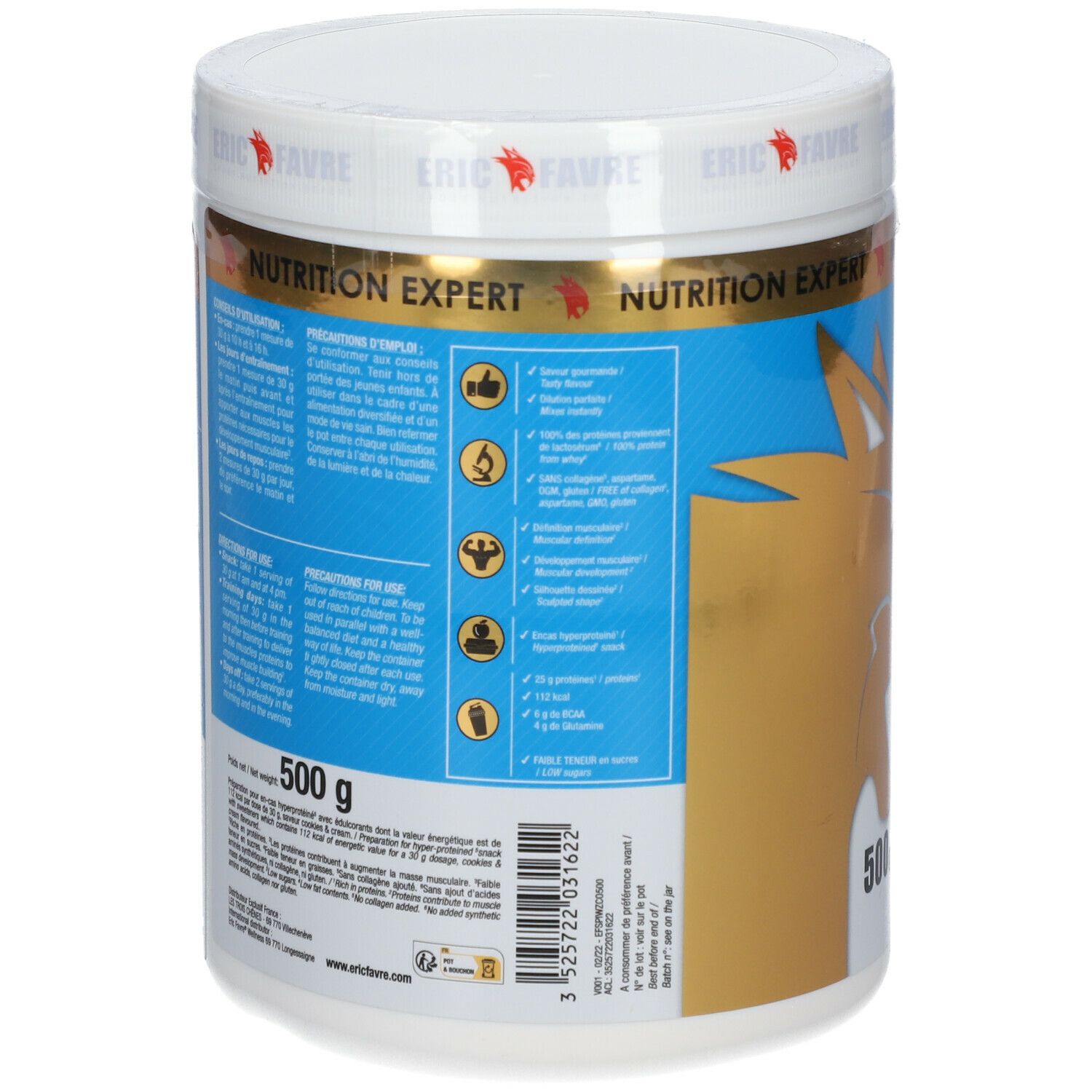 Dos du pot blanc. Étiquette bleue avec texte et informations. Marque ERIC FAVRE, 500g.