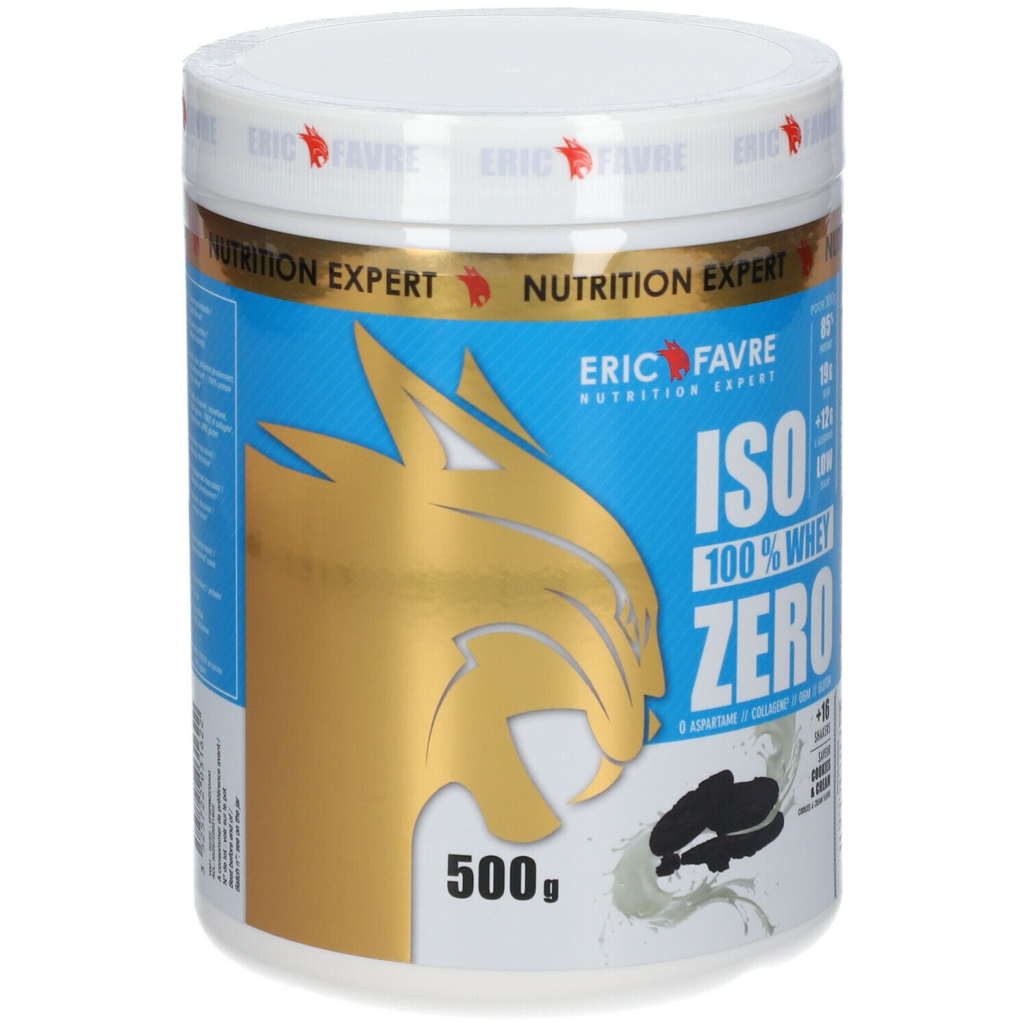 Pot blanc avec étiquette bleue. Lion doré, texte: ISO 100% Whey Zero, 500g. Marque ERIC FAVRE.