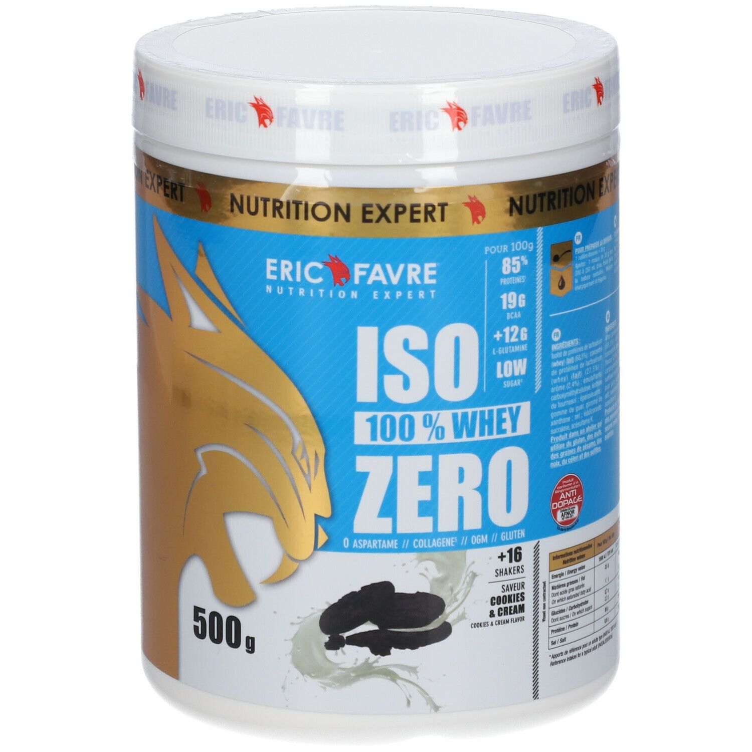 Pot blanc avec étiquette bleue. Lion doré, texte: ISO 100% Whey Zero, 500g. Marque ERIC FAVRE.