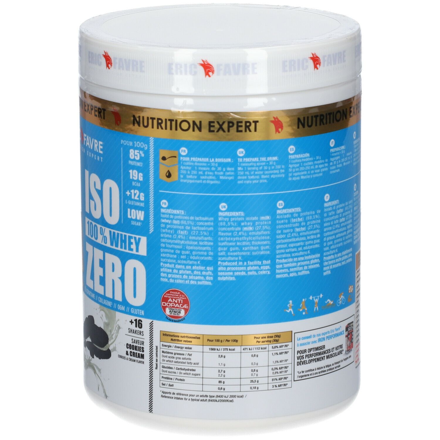 Dos du pot blanc. Étiquette bleue avec texte et informations. Marque ERIC FAVRE, 500g.