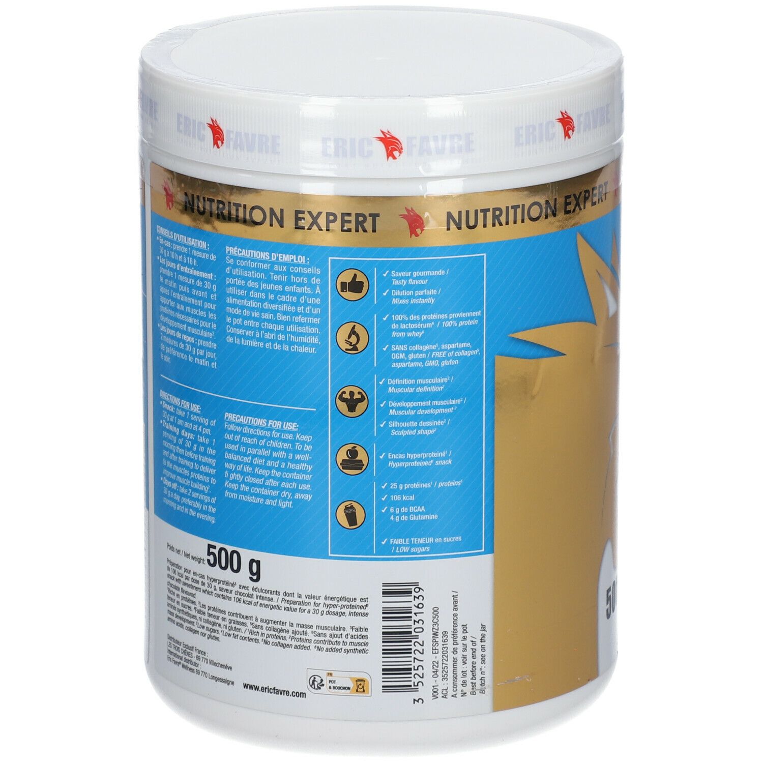 Dos du pot blanc. Étiquette bleue avec texte et pictogrammes. Inscription dorée : ERIC FAVRE. 500g.