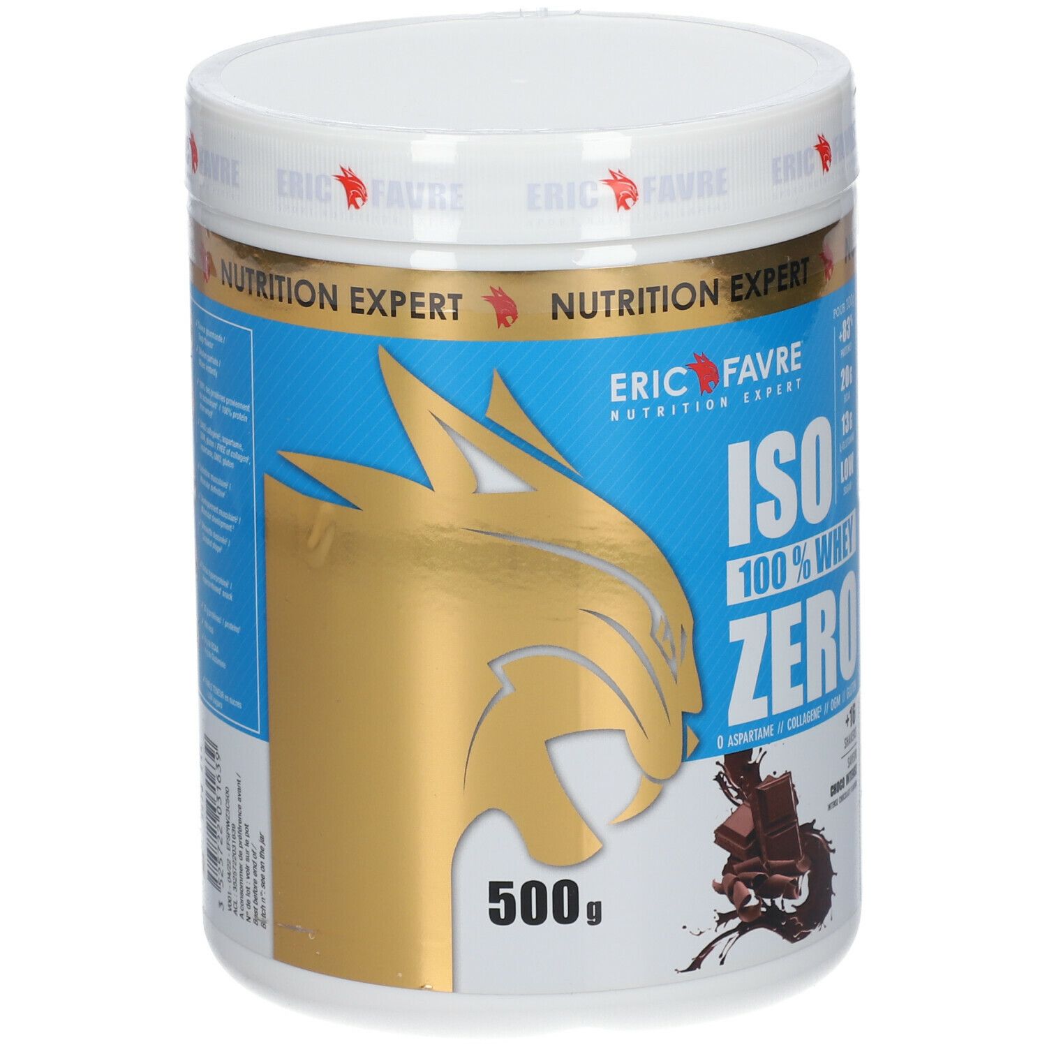 Pot blanc avec étiquette bleue. Inscription dorée : ERIC FAVRE, ISO 100% WHEY ZERO. Illustration de chocolat. 500g.