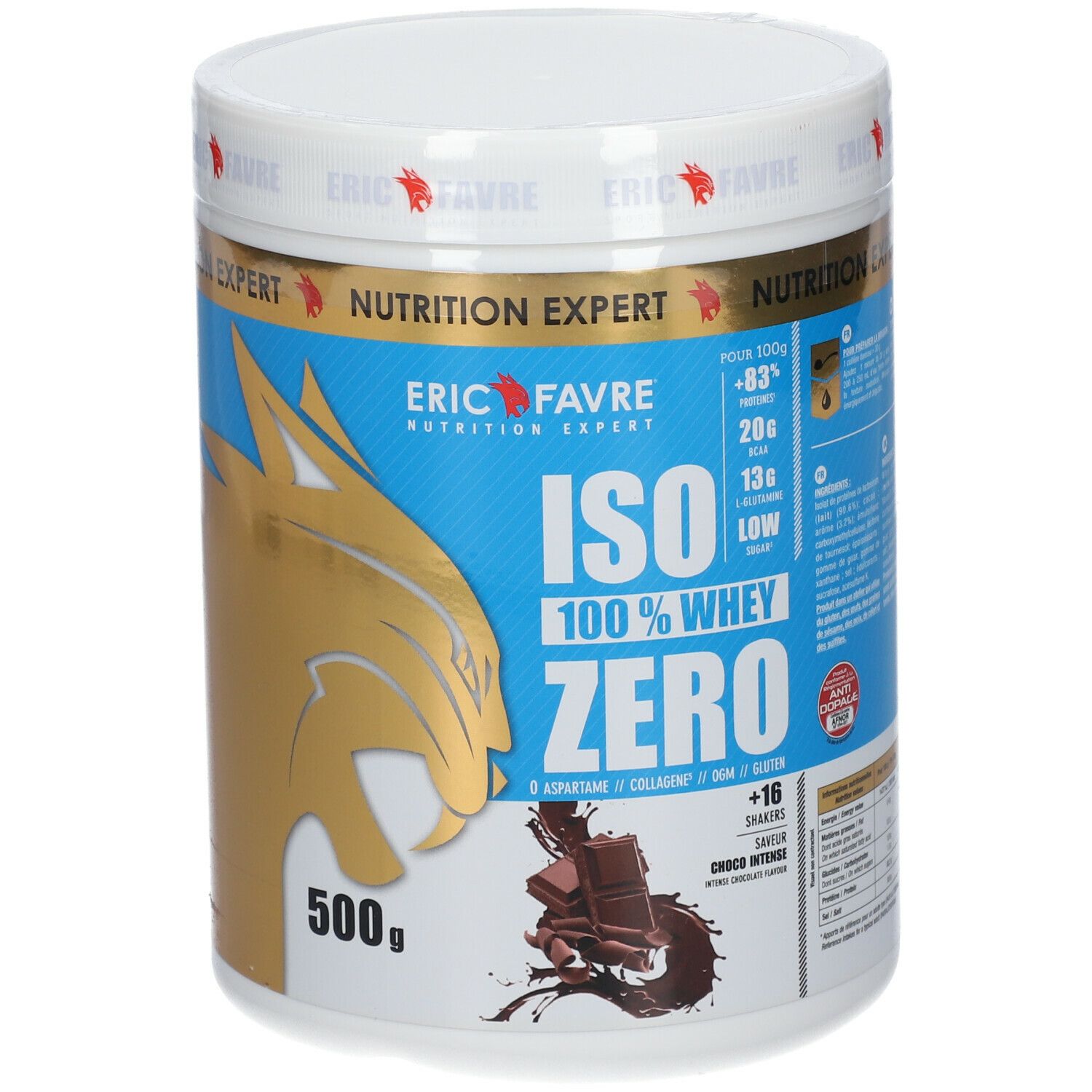 Pot blanc avec étiquette bleue. Inscription dorée : ERIC FAVRE, ISO 100% WHEY ZERO. Illustration de chocolat. 500g.