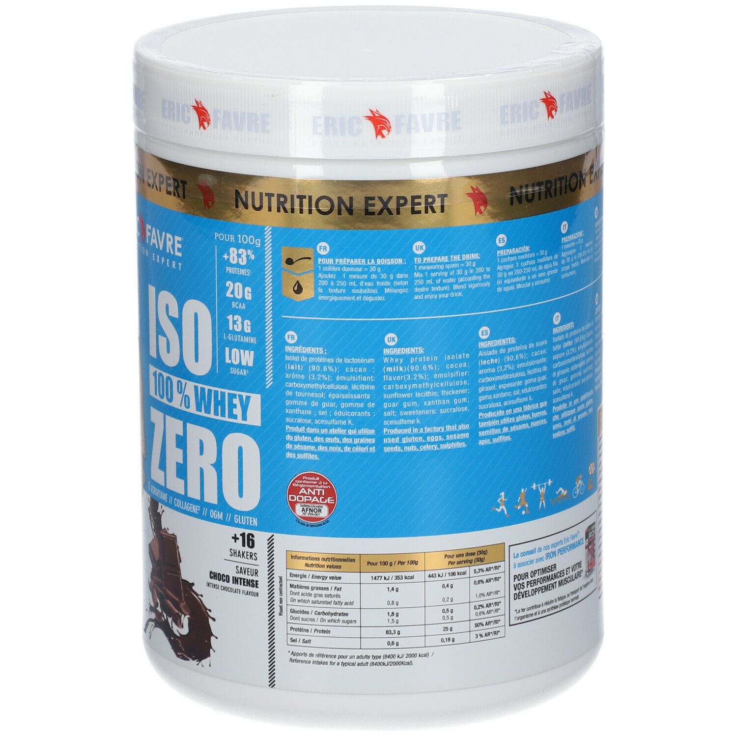 Dos du pot blanc. Étiquette bleue avec texte et informations nutritionnelles. Inscription dorée : ERIC FAVRE. 500g.
