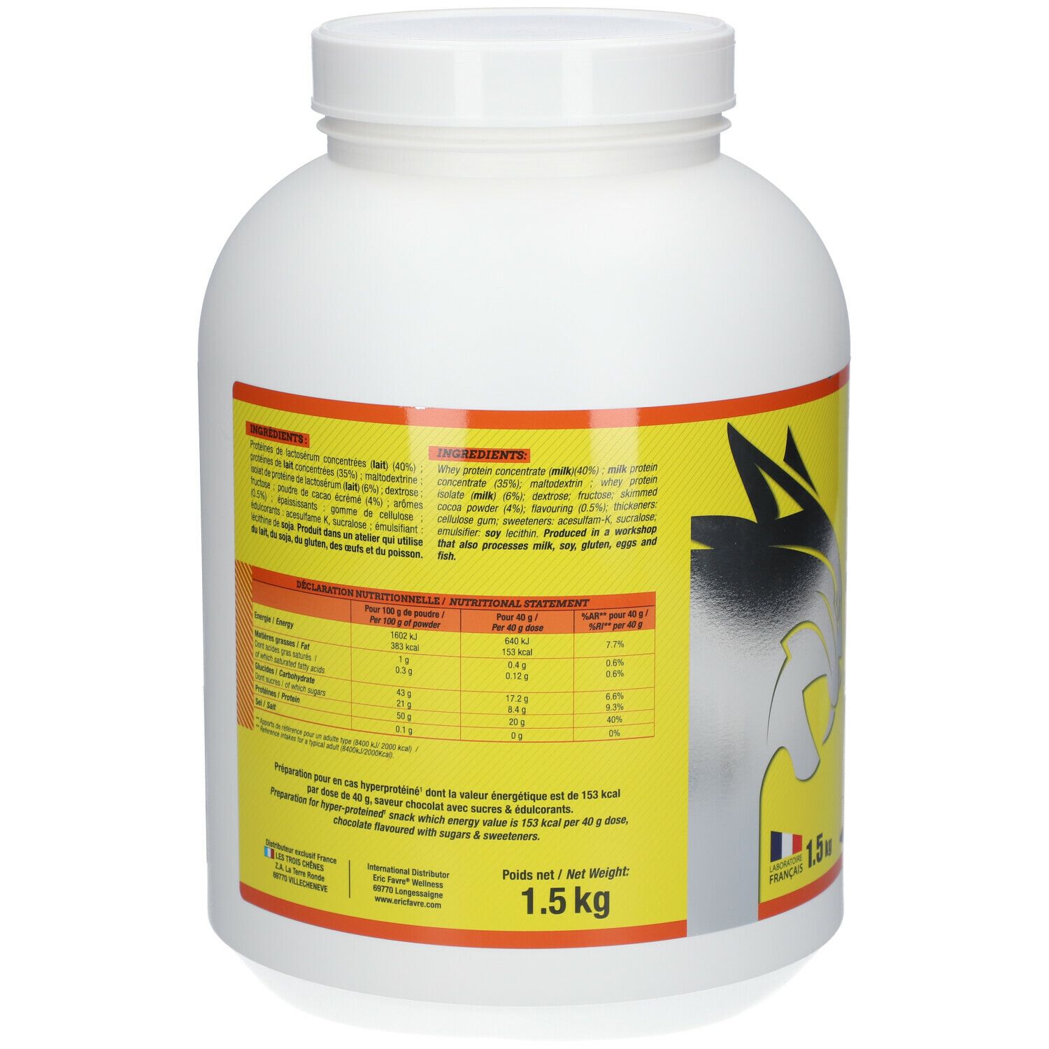 Dos du pot blanc avec étiquette jaune. Contient des informations nutritionnelles et des ingrédients. Inscription: 1,5 kg.
