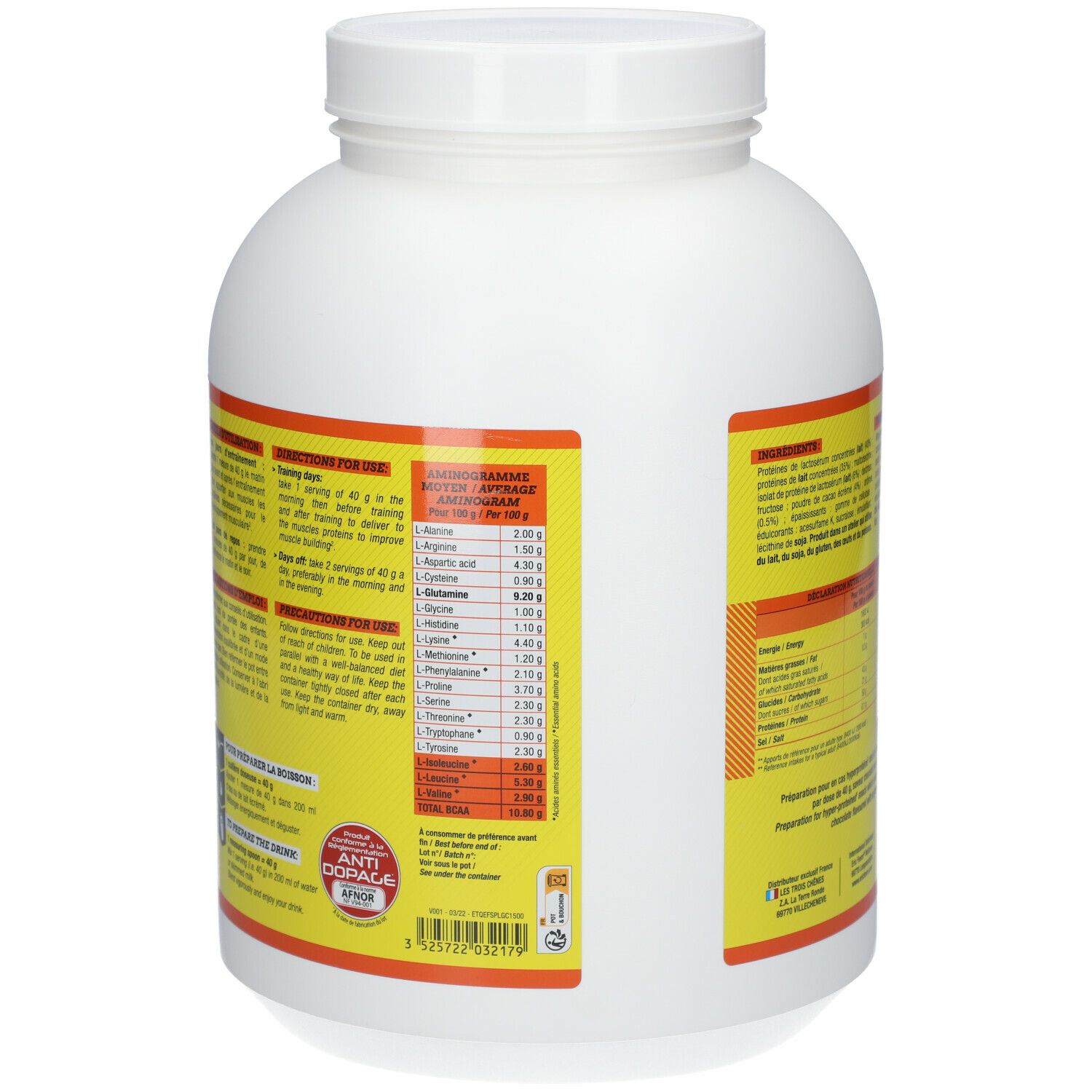 Dos du pot blanc avec étiquette jaune. Contient des informations sur les acides aminés et l'utilisation. Inscription: 1,5 kg.