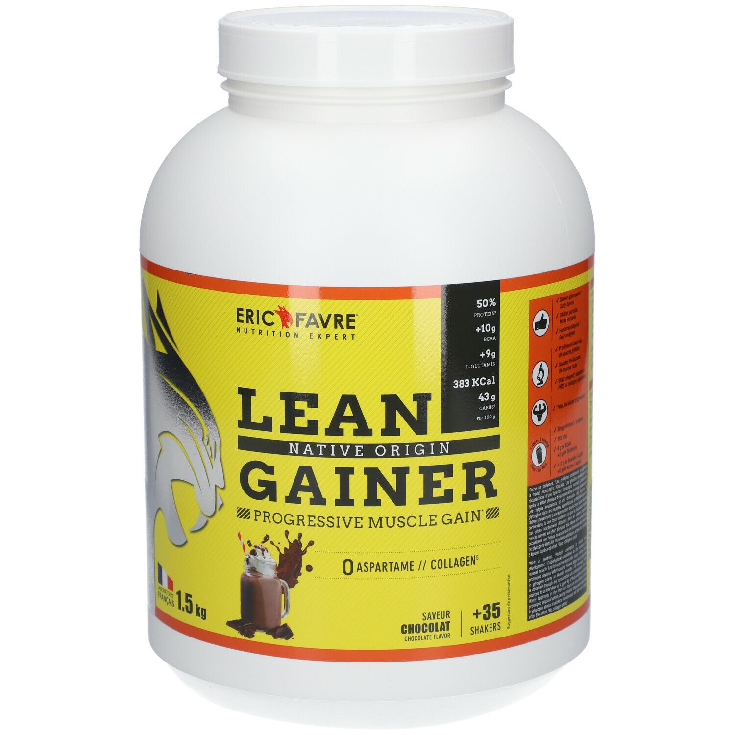 Pot blanc avec étiquette jaune. Inscription: ERIC FAVRE, LEAN GAINER, 1,5 kg, goût chocolat. Contient des informations nutritionnelles.
