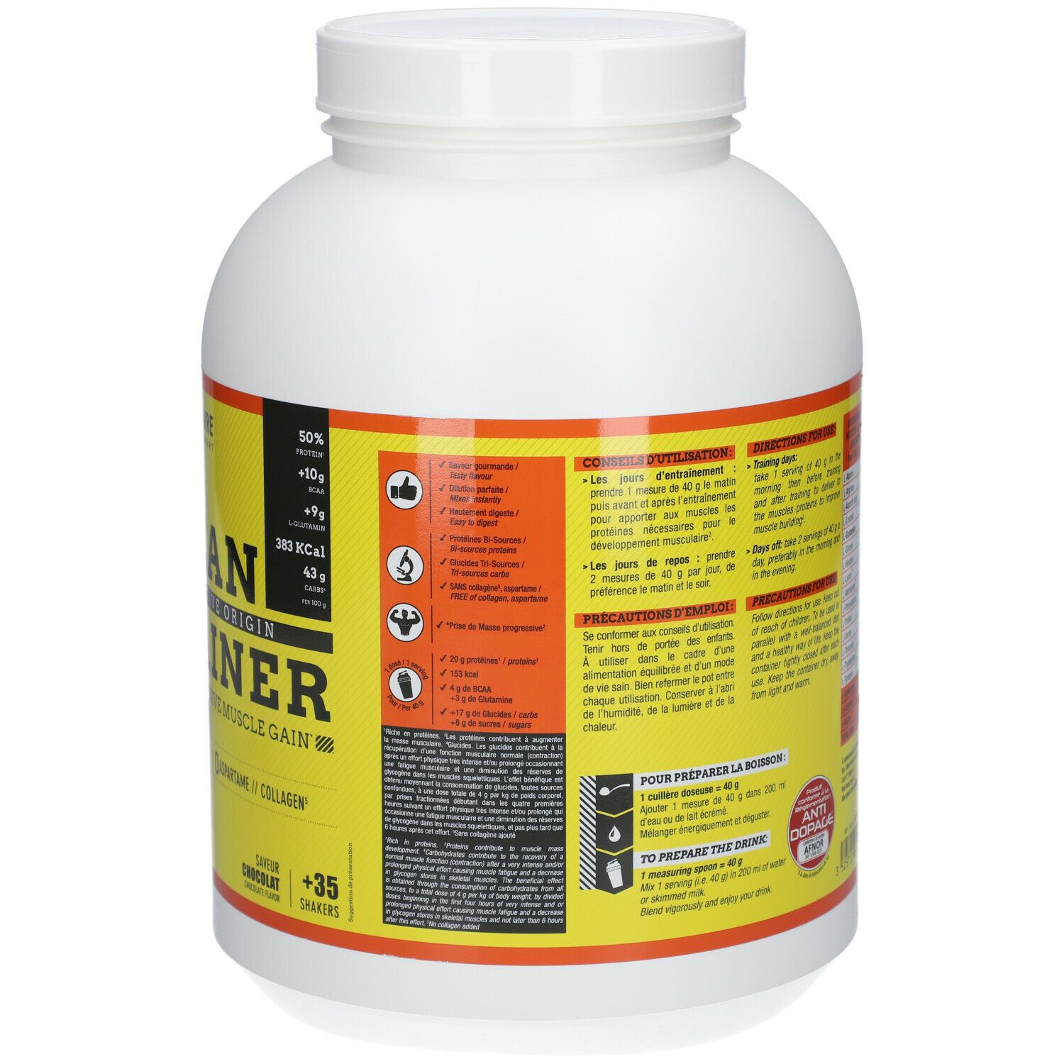 Dos du pot blanc avec étiquette jaune. Contient des informations d'utilisation et nutritionnelles. Inscription: 1,5 kg.