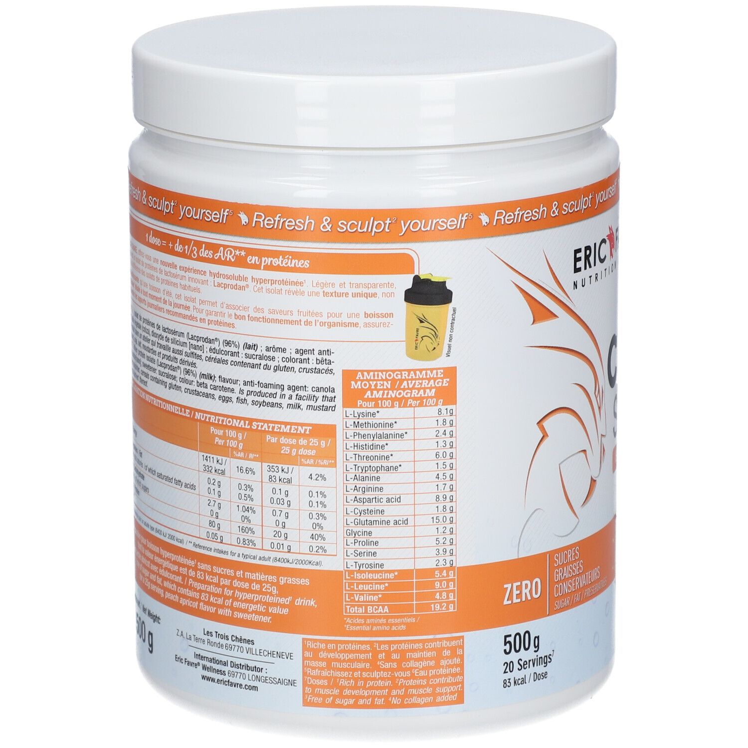 Dos du pot blanc. Informations nutritionnelles et acides aminés. 500g. 20 portions. Logo et texte.