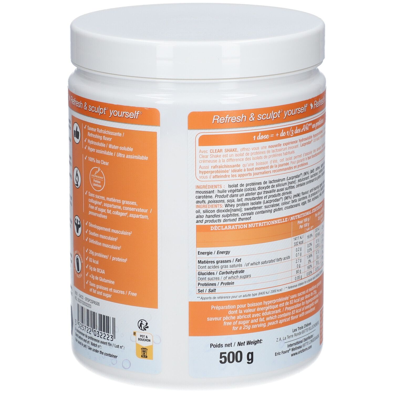 Dos du pot blanc. Ingrédients et informations nutritionnelles. 500g. 20 portions. Texte.