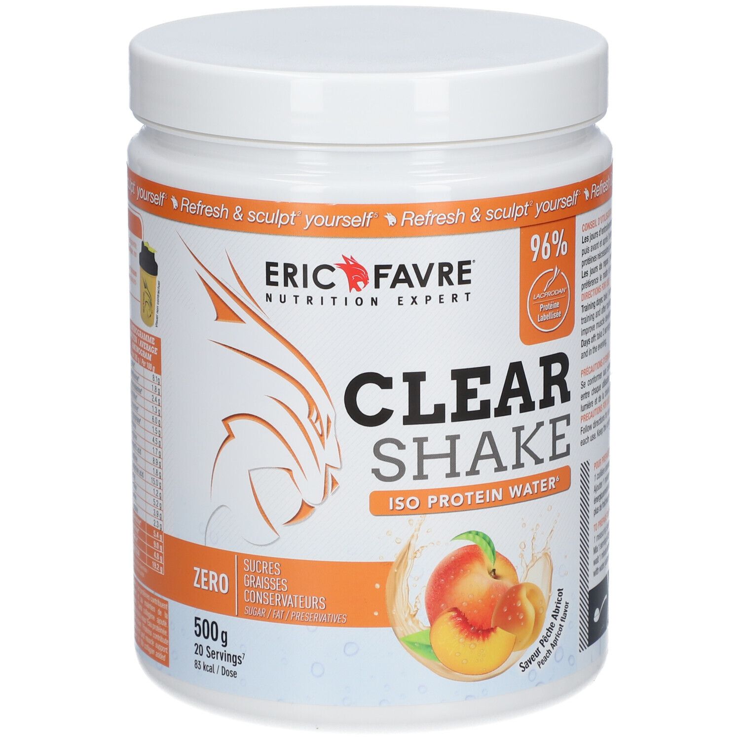 Pot blanc "ERIC FAVRE Clear Shake". Saveur Pêche-Abricot. 500g. 96% protéines. Logo et fruits.