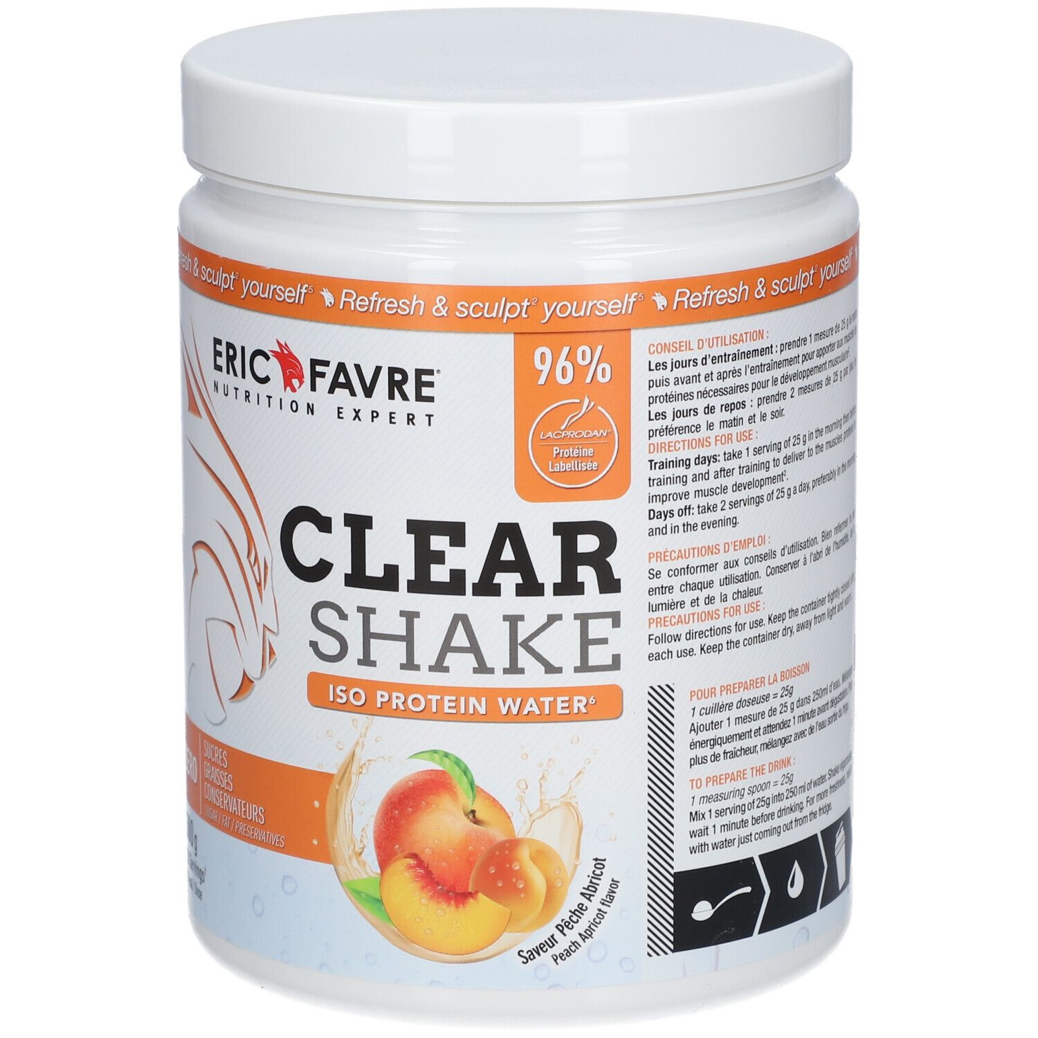 Pot blanc "ERIC FAVRE Clear Shake". Saveur Pêche-Abricot. 500g. 96% protéines. Instructions d'utilisation.