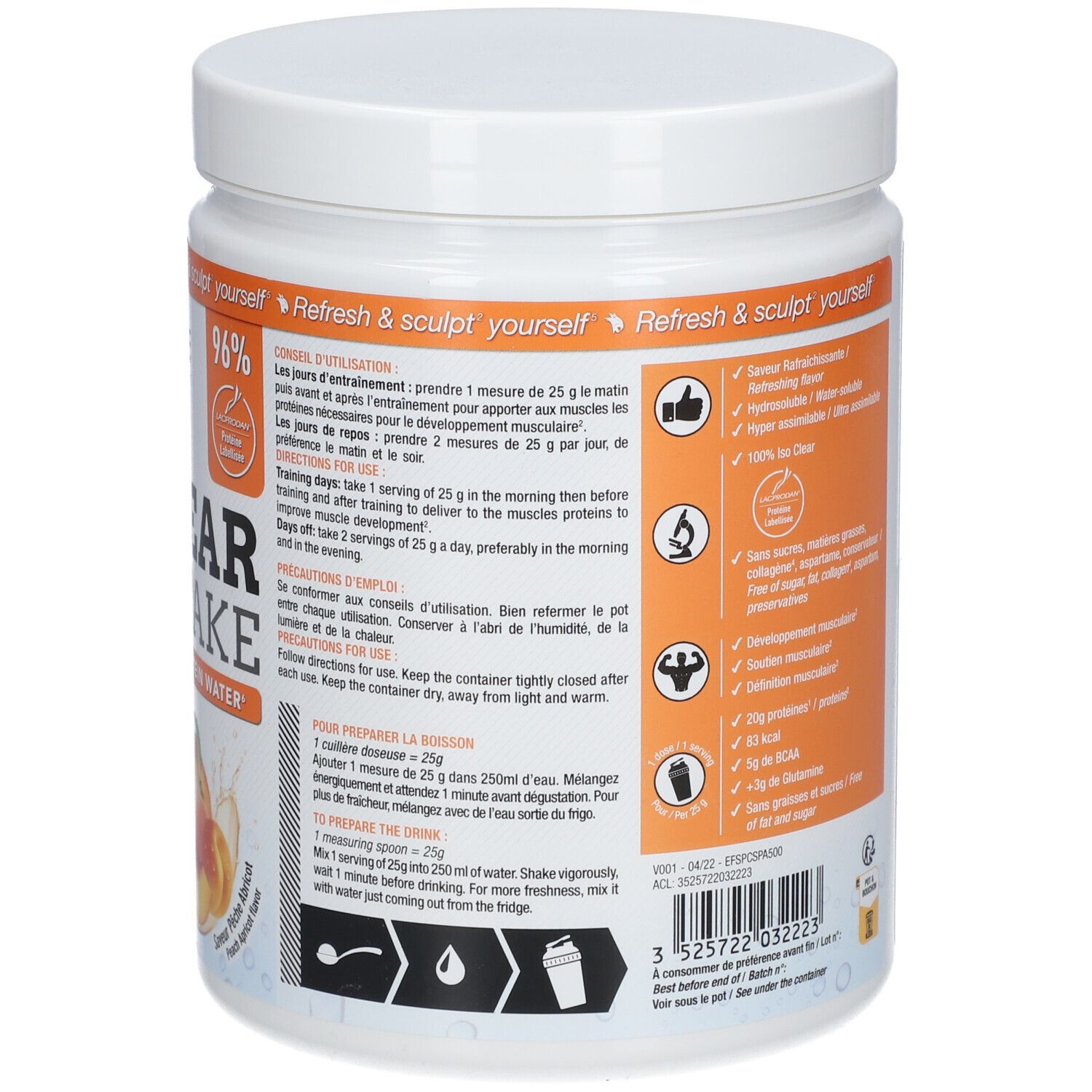 Dos du pot blanc. Instructions d'utilisation. 500g. 20 portions. Logo et texte.