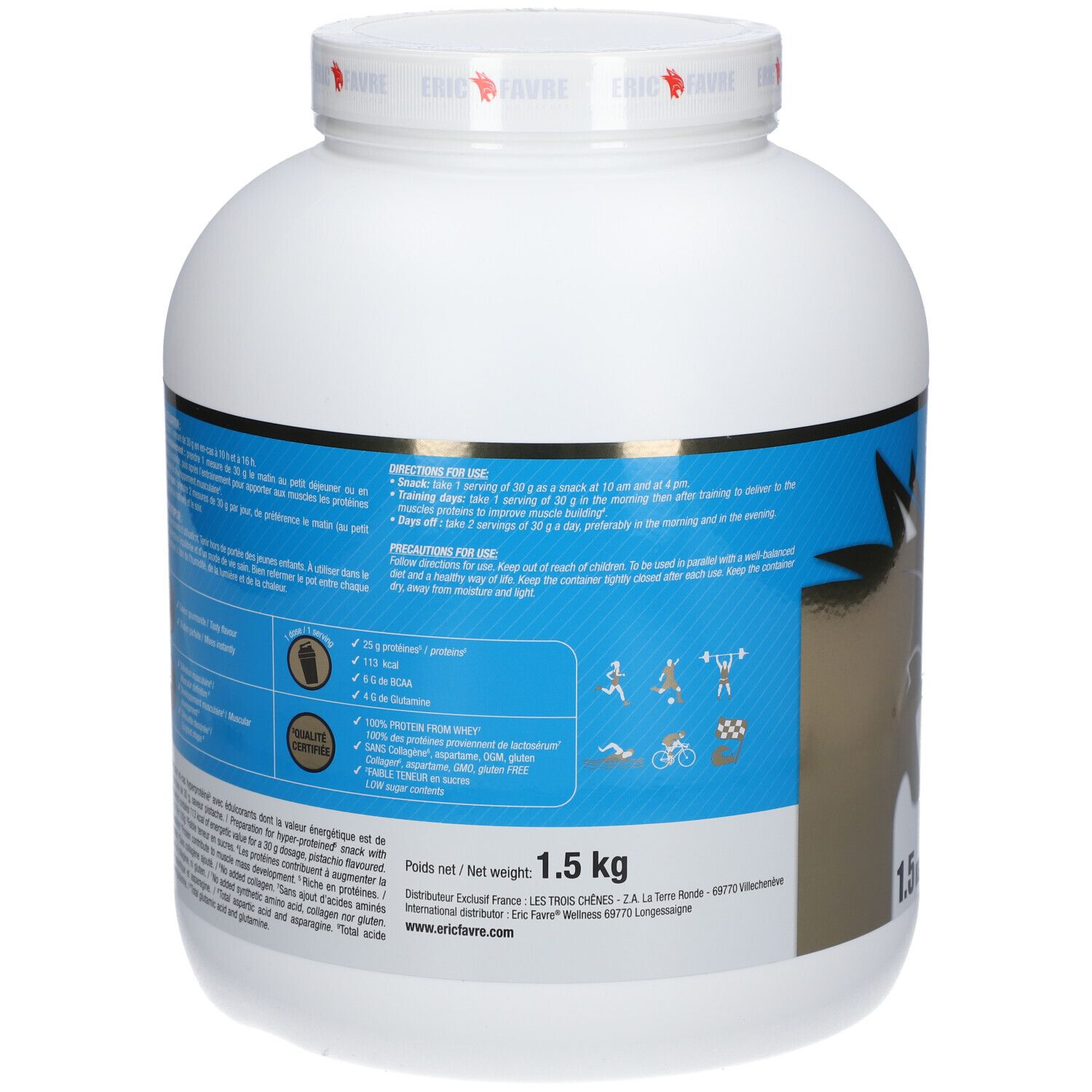 Pot blanc avec étiquette bleue. Dos avec texte et informations nutritionnelles. Poids : 1,5 kg. Informations fabricant.