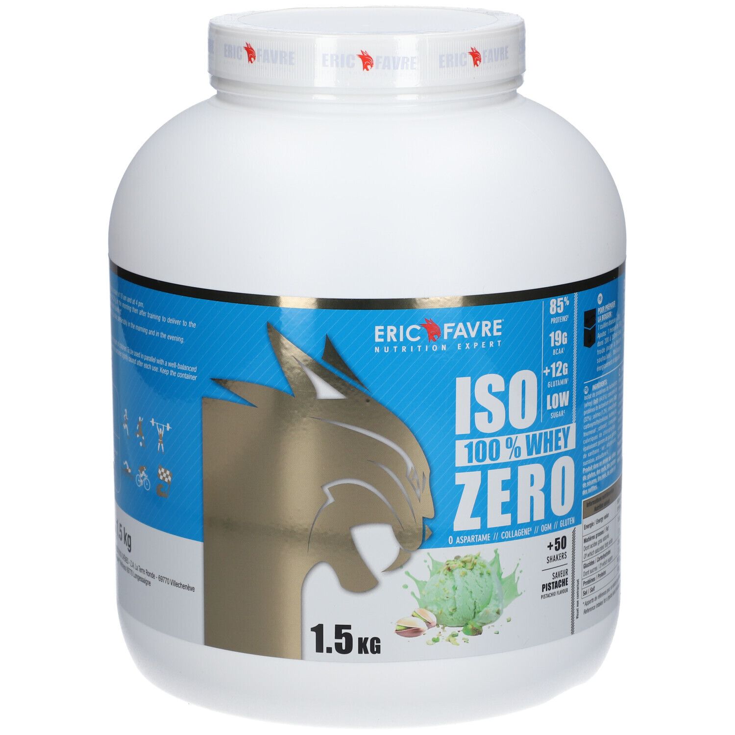 Pot blanc avec étiquette bleue. Inscription : ERIC FAVRE, ISO 100% WHEY ZERO, goût pistache. 1,5 kg.