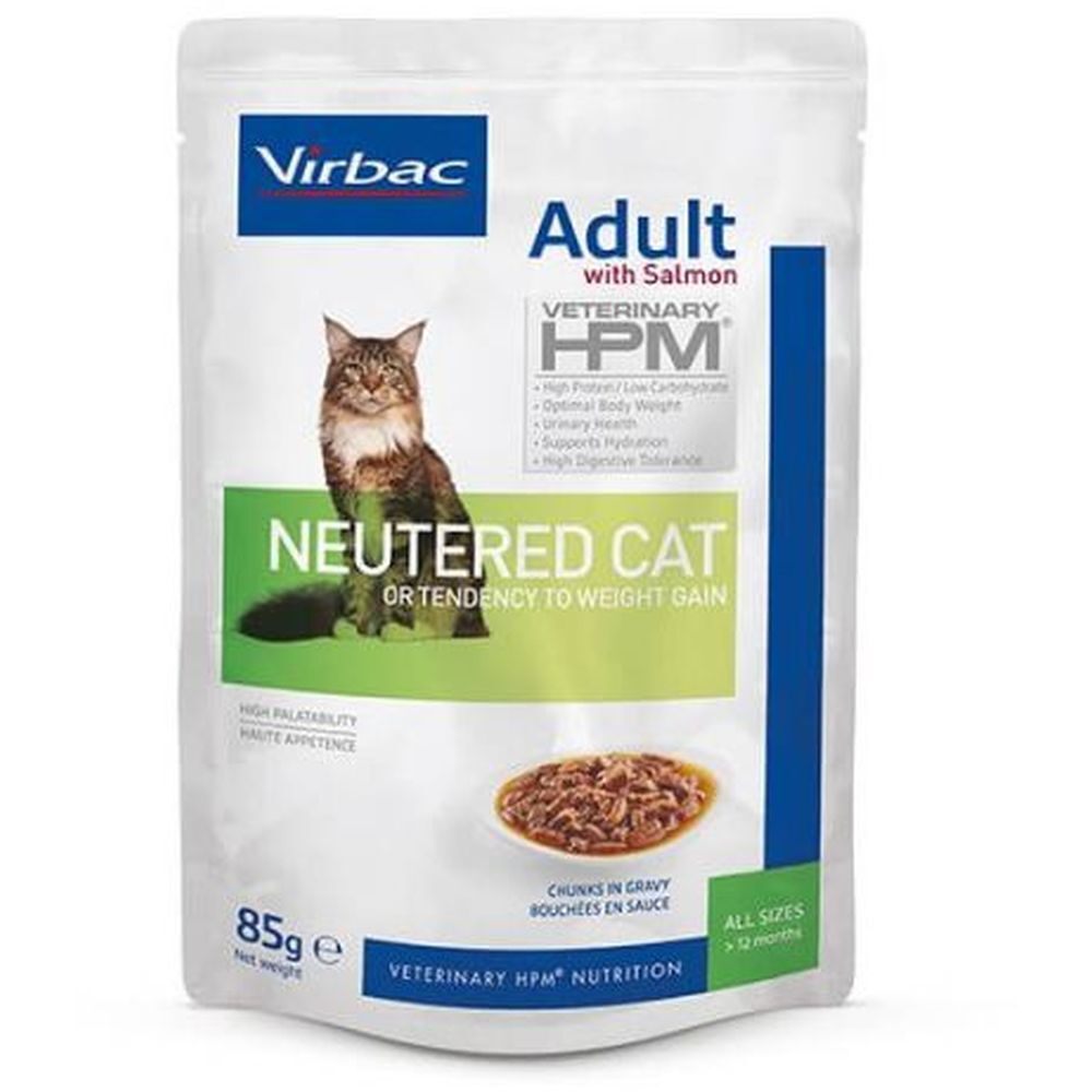 Virbac HPM Adult Neutered Cat Nassfutter. Beutel mit Produktabbildung und Text. 85g. Mit Lachs.