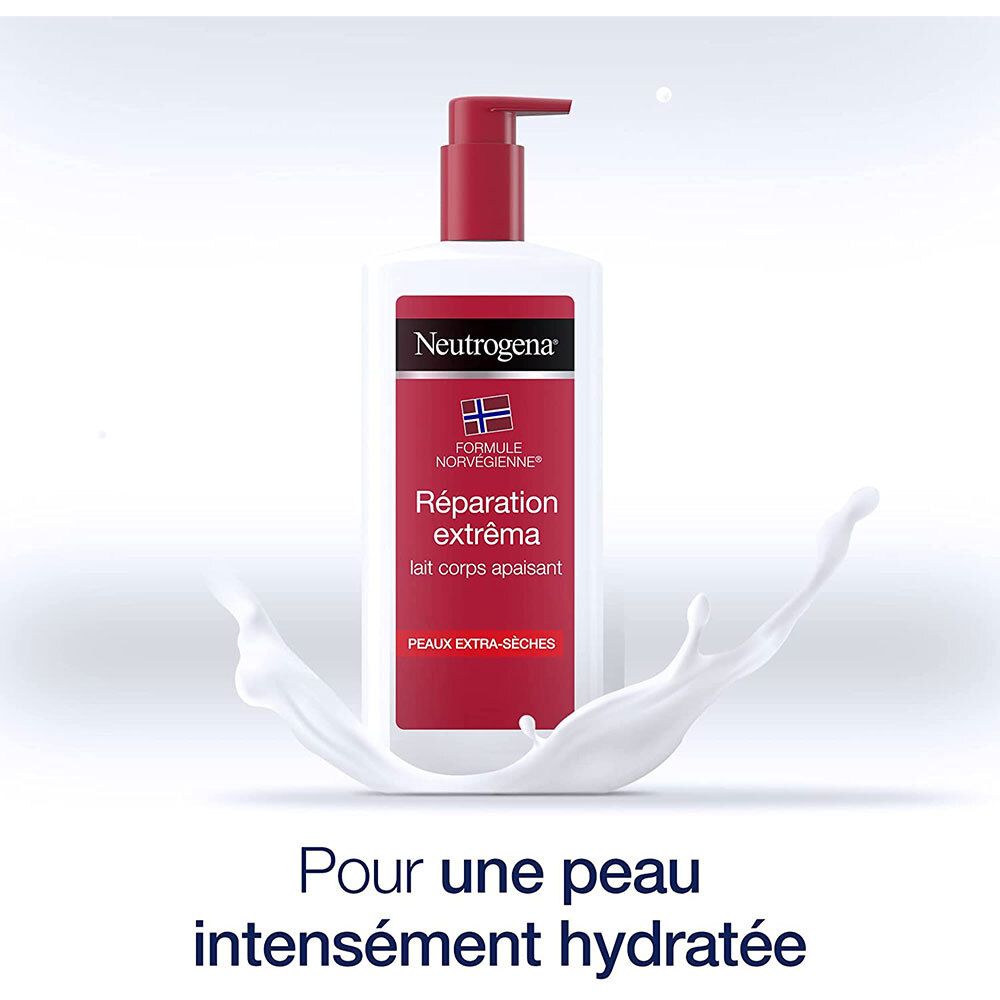 Flacon avec éclaboussures d'eau. Texte: Pour une peau intensément hydratée.