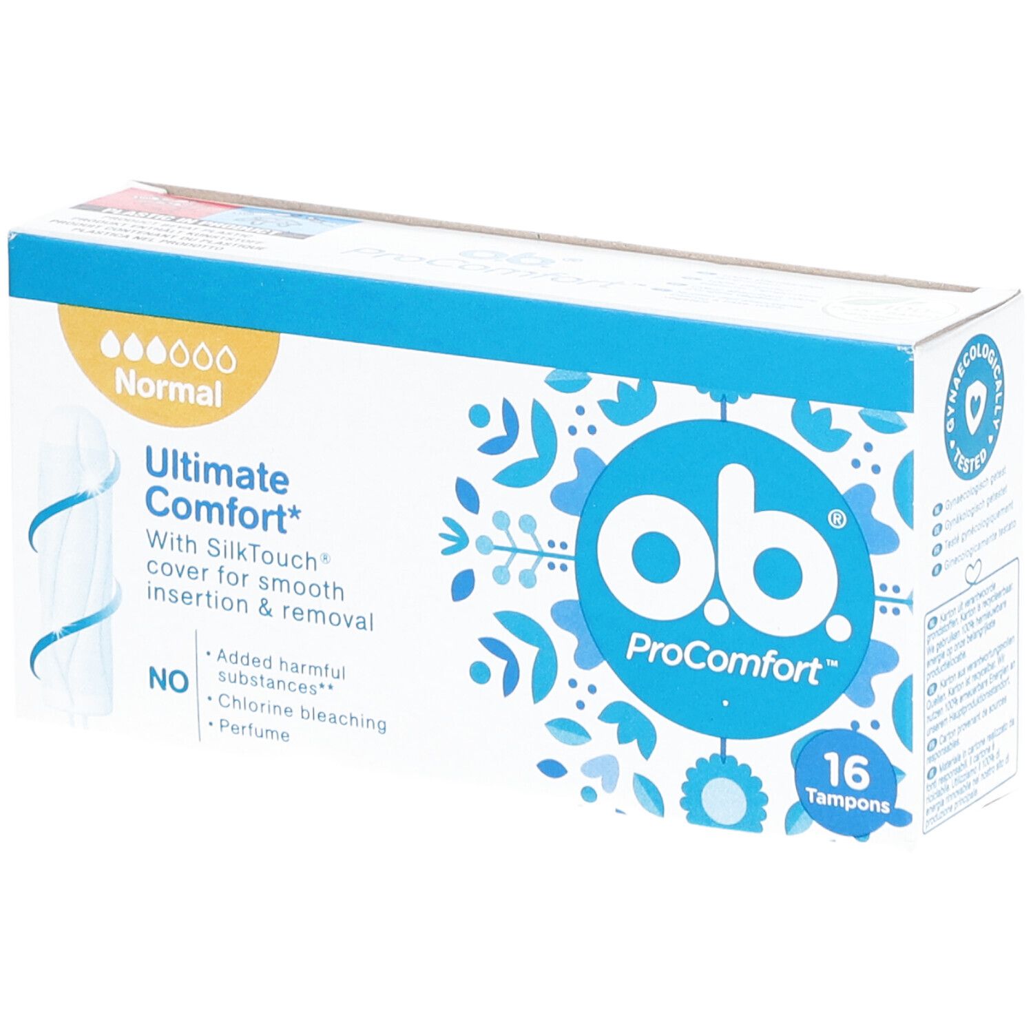 Boîte de 16 tampons o.b. ProComfort. Inscription : Ultimate Comfort, Normal, SilkTouch pour une insertion et un retrait en douceur.