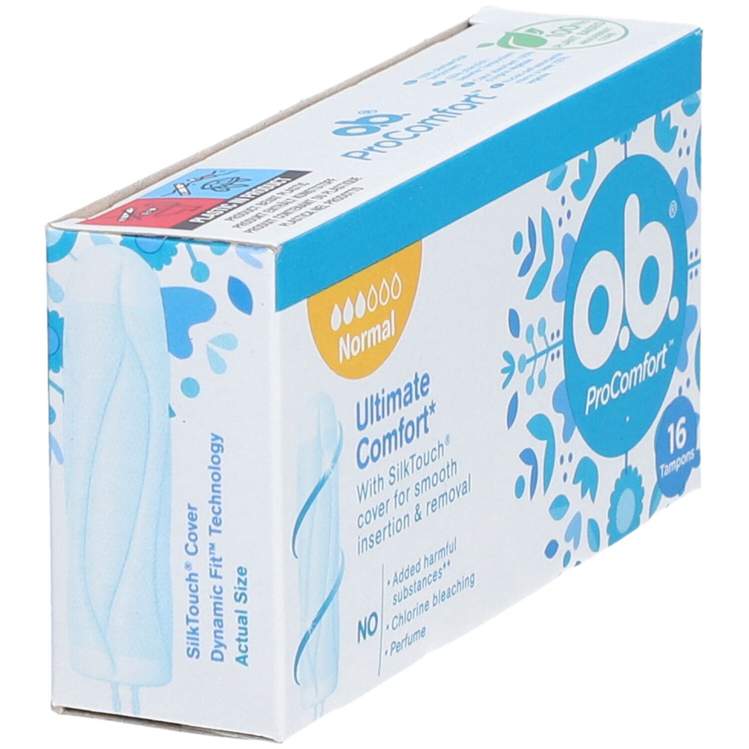 Boîte de 16 tampons o.b. ProComfort en biais. Inscription : Ultimate Comfort, Normal, SilkTouch pour une insertion et un retrait en douceur.