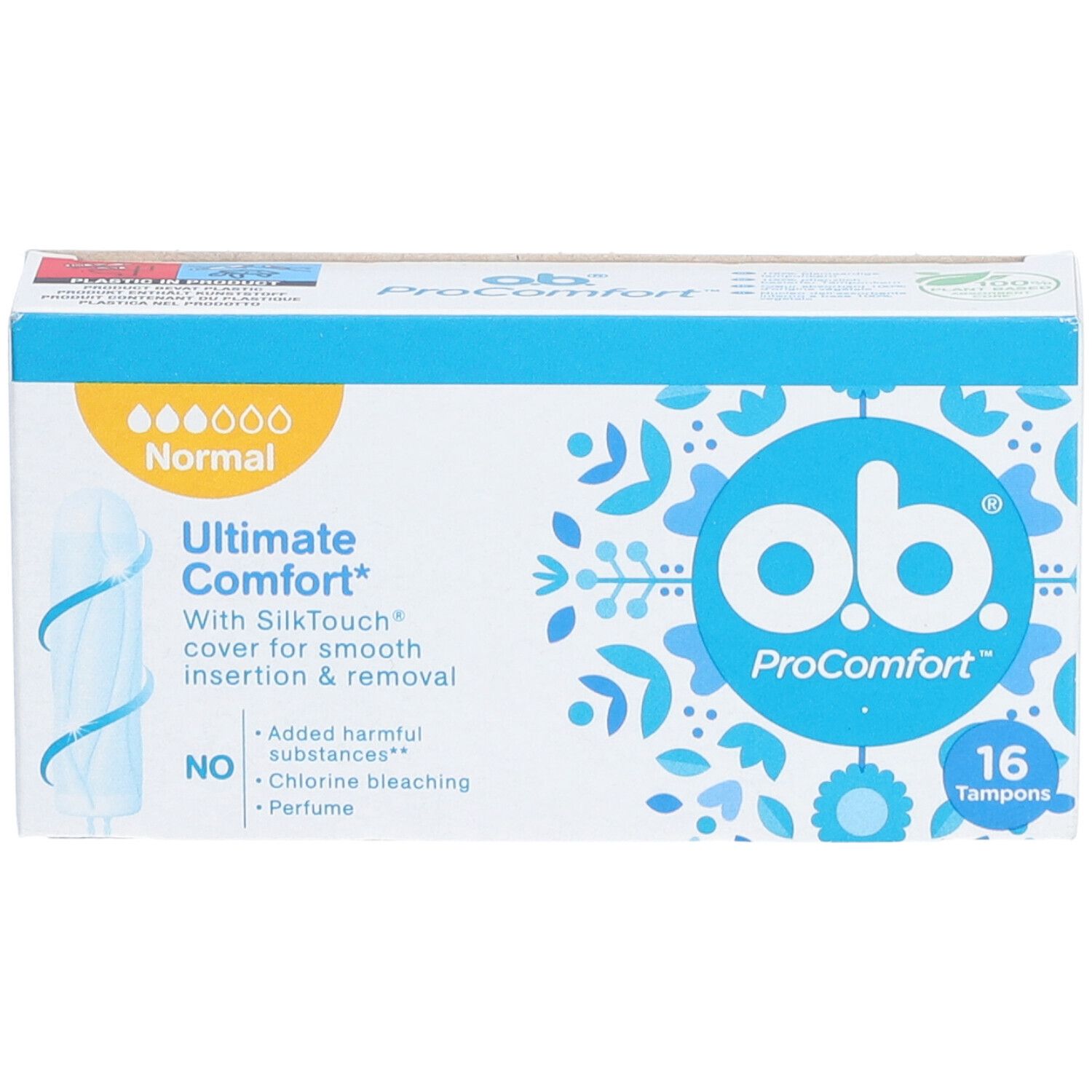 Boîte de 16 tampons o.b. ProComfort. Inscription : Ultimate Comfort, Normal, SilkTouch pour une insertion et un retrait en douceur.