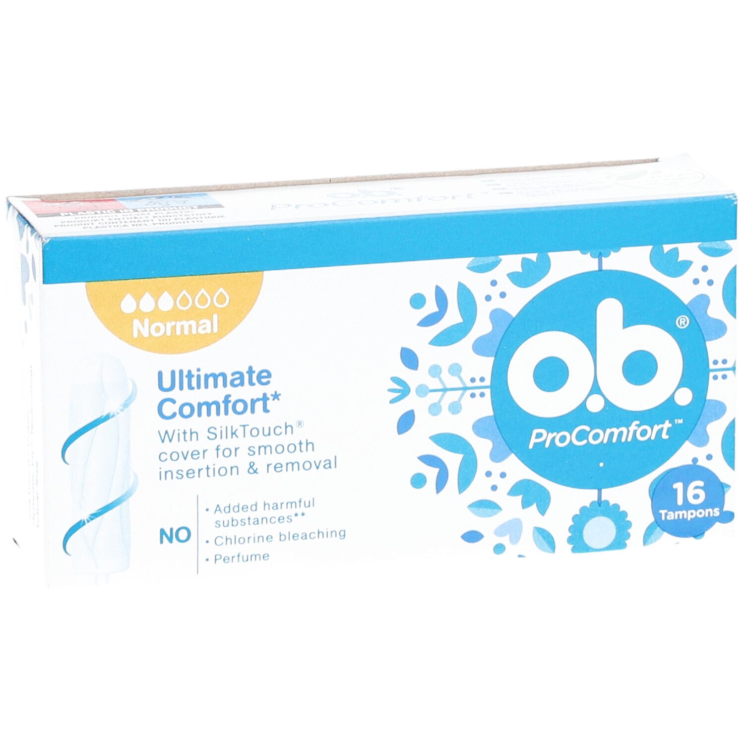 Boîte de 16 tampons o.b. ProComfort. Inscription : Ultimate Comfort, Normal, SilkTouch pour une insertion et un retrait en douceur.