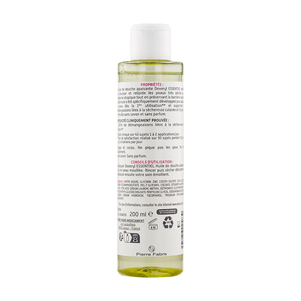 Achterkant fles Dexeryl ESSENTIEL Huile de douche apaisante. Franse tekst.
