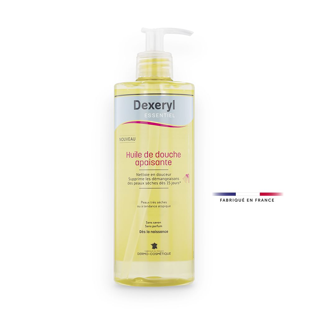 Dexeryl ESSENTIEL Huile de douche apaisante. Flacon avec pompe. Drapeau français.