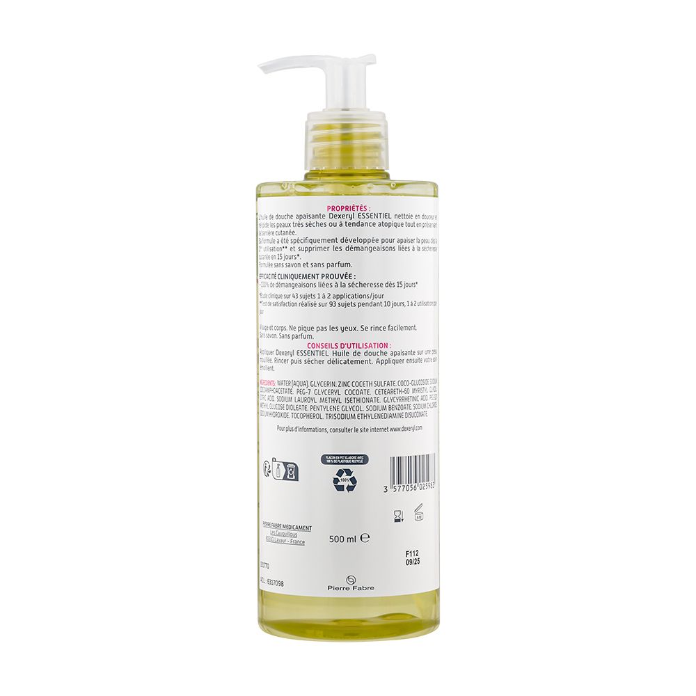 Dos du flacon Dexeryl ESSENTIEL Huile de douche apaisante. Texte en français.