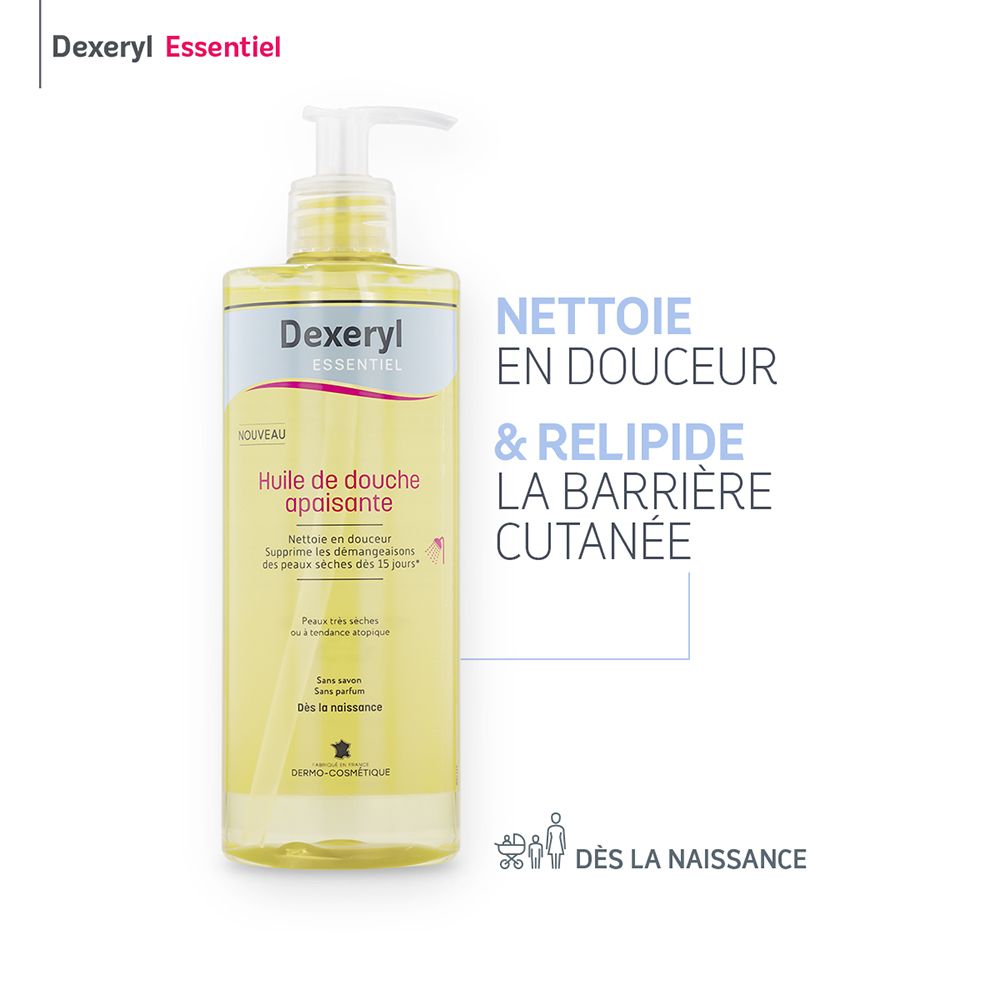 Dexeryl ESSENTIEL Huile de douche apaisante. Texte : Nettoie en douceur & relipide la barrière cutanée.