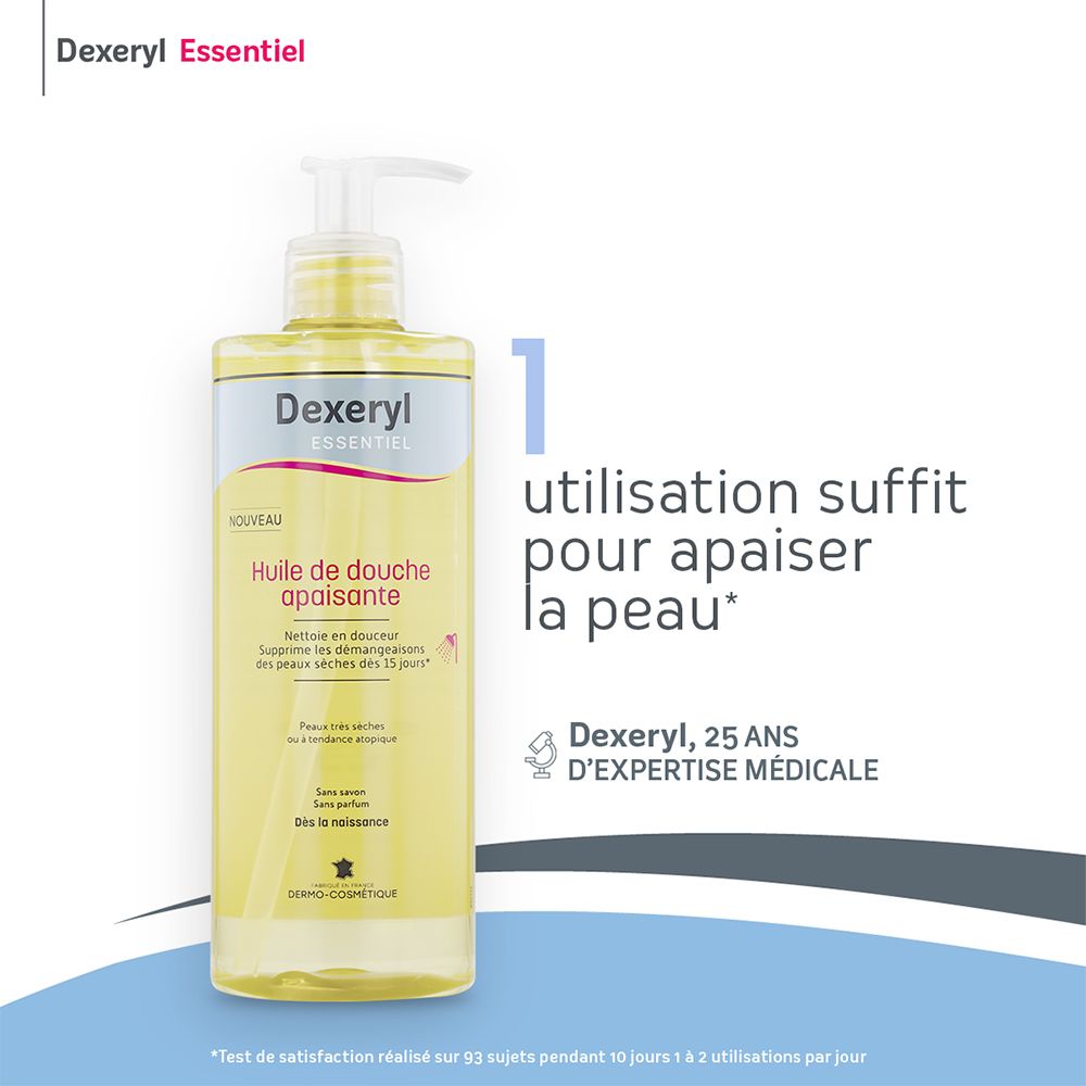 Dexeryl ESSENTIEL Huile de douche apaisante. Texte : 1 utilisation suffit pour apaiser la peau.