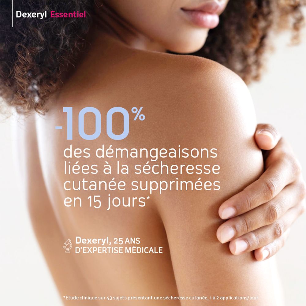 Dos d'une femme. Texte : -100% des démangeaisons liées à la sécheresse cutanée supprimées en 15 jours.
