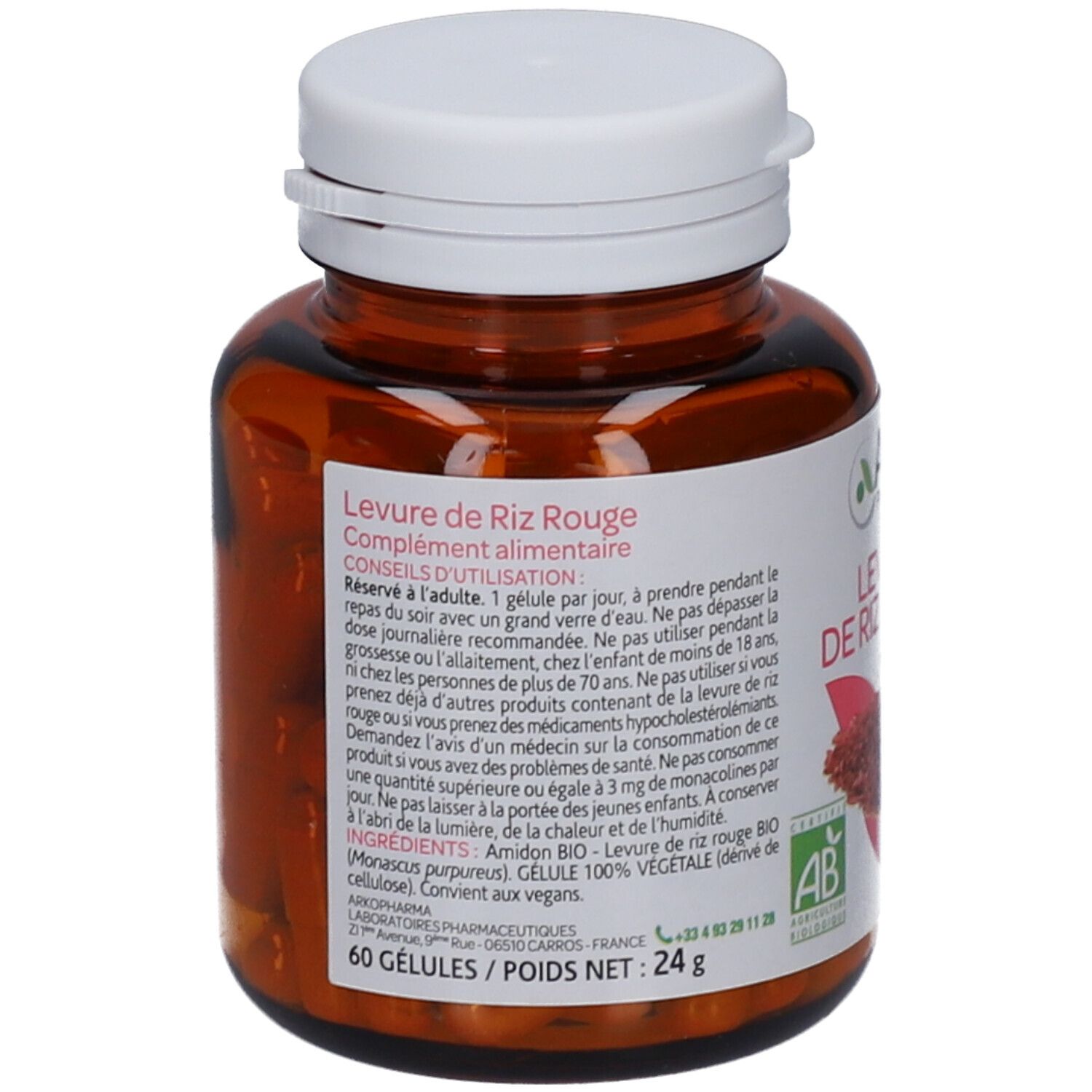 Dos du flacon. Texte: Levure de riz rouge. Ingrédients, conseils d'utilisation. 60 gélules. Label AB.