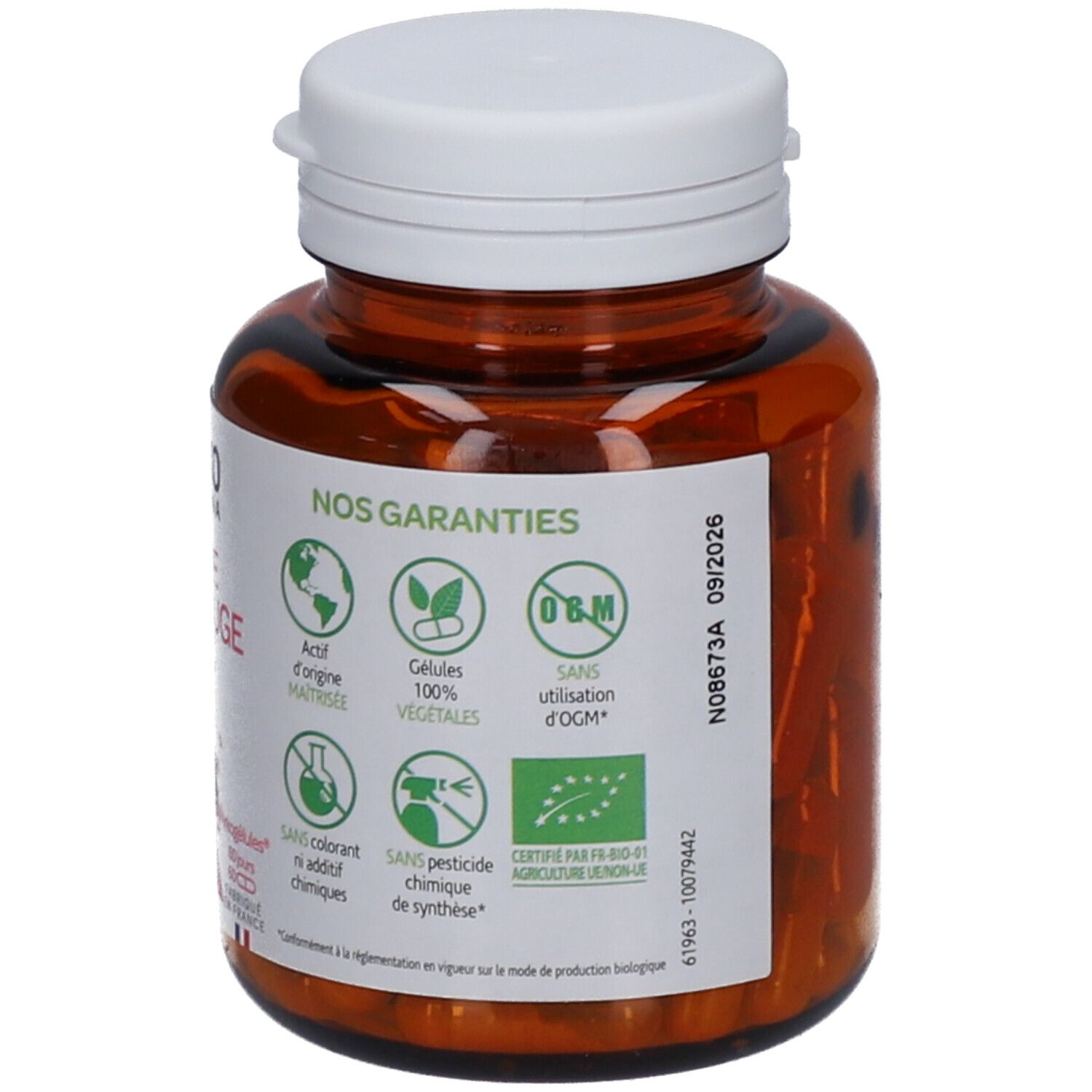 Dos du flacon. Texte: Nos garanties. Labels: Active d'origine maîtrisée, 100% végétales, etc. Label AB.