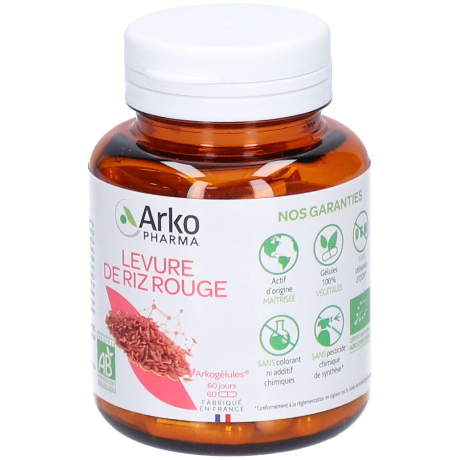 Flacon marron, bouchon blanc. Inscription: Arkopharma Levure de riz rouge. Label AB. 60 gélules.