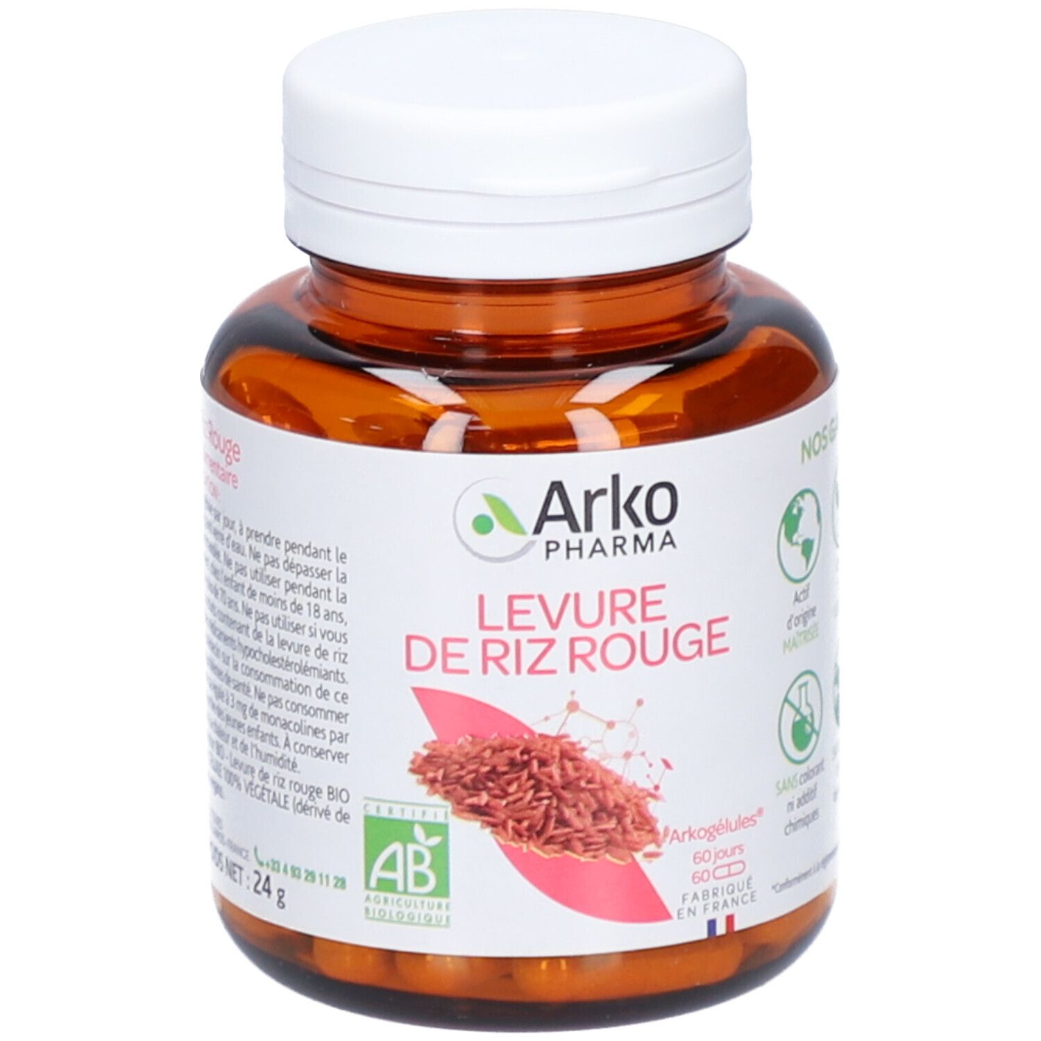 Flacon marron, bouchon blanc. Inscription: Arkopharma Levure de riz rouge. Label AB. 60 gélules.