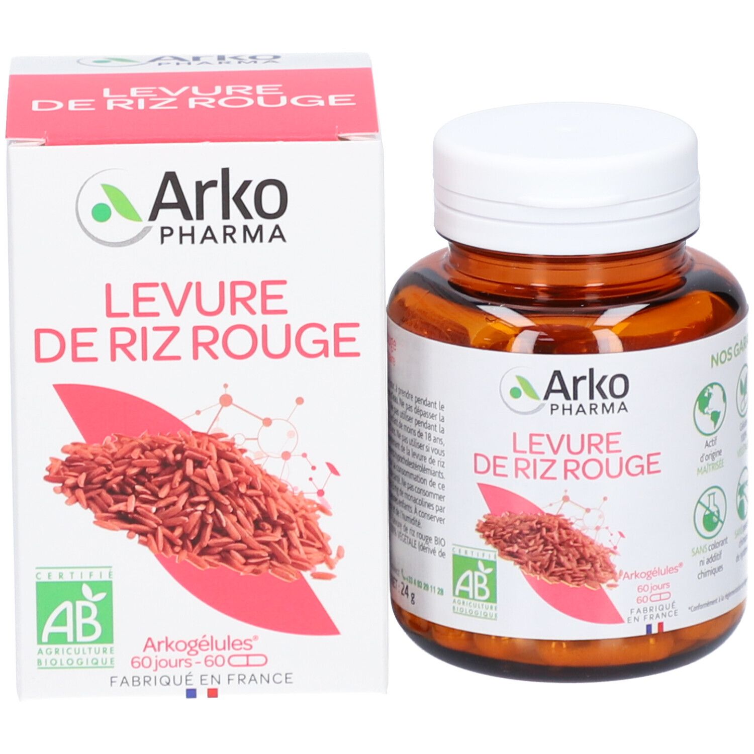 Emballage et flacon. Inscription: Arkopharma Levure de riz rouge. Label AB. 60 gélules.