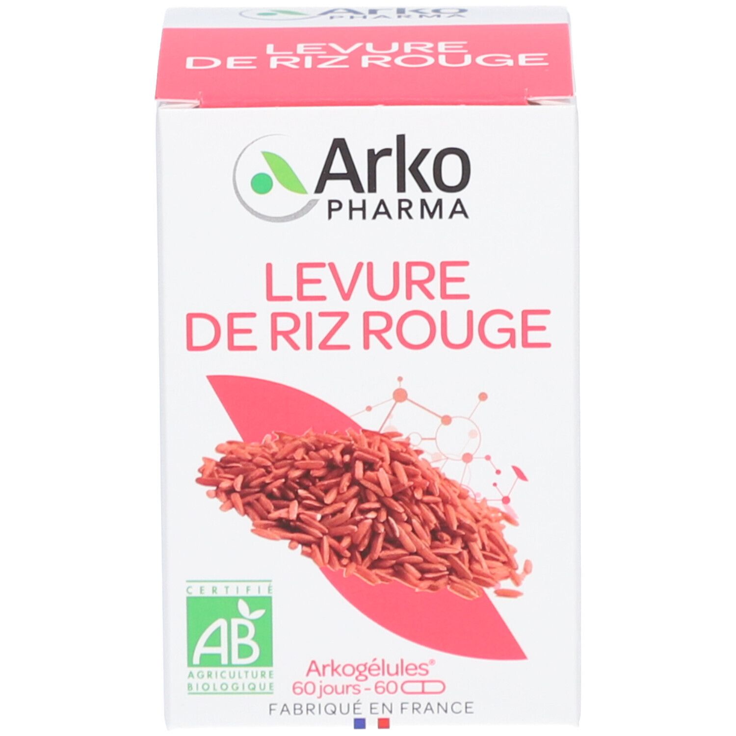 Emballage du produit. Inscription: Arkopharma Levure de riz rouge. Label AB. 60 gélules.