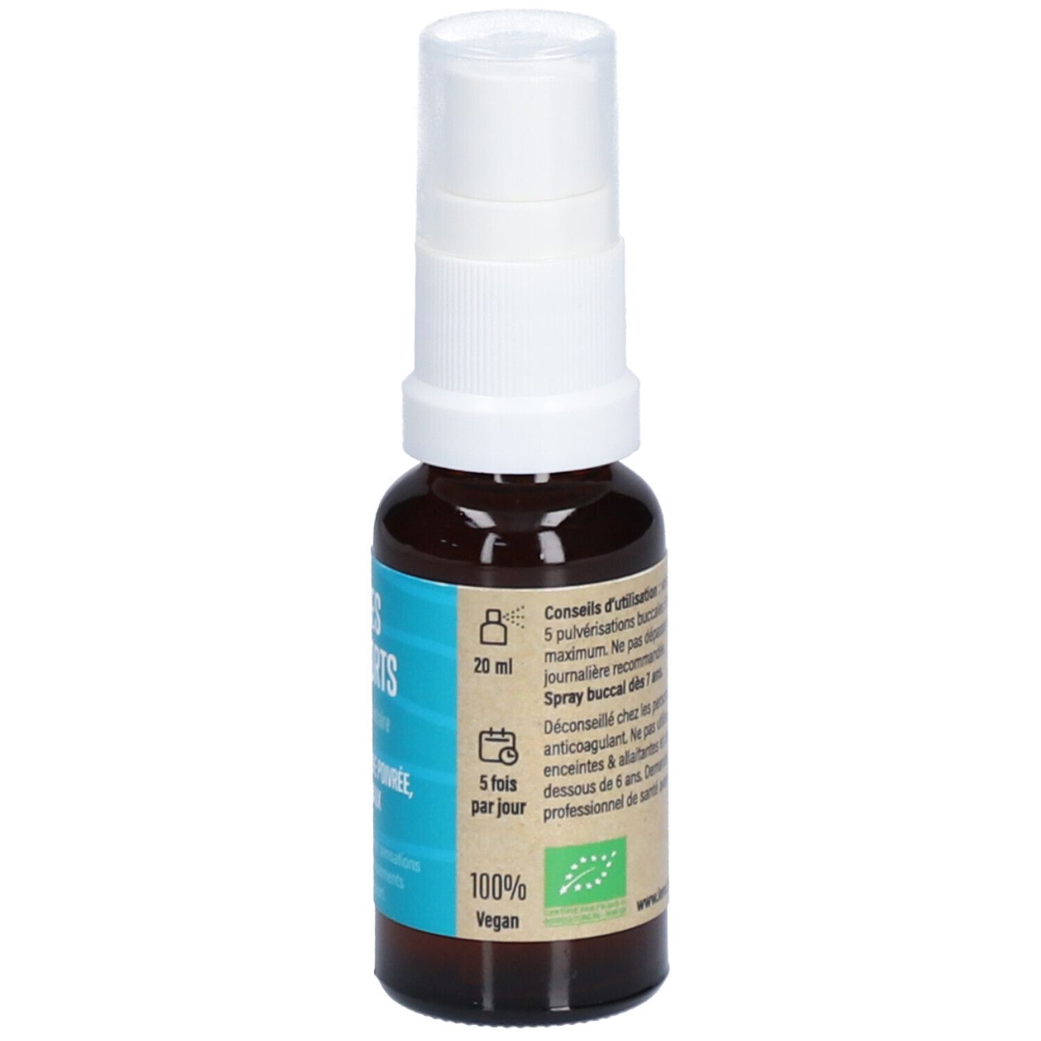 Braune Flasche mit weißem Sprühkopf. Aufkleber mit Informationen. 20 ml. 5 Sprühstöße pro Tag. 100% Vegan.