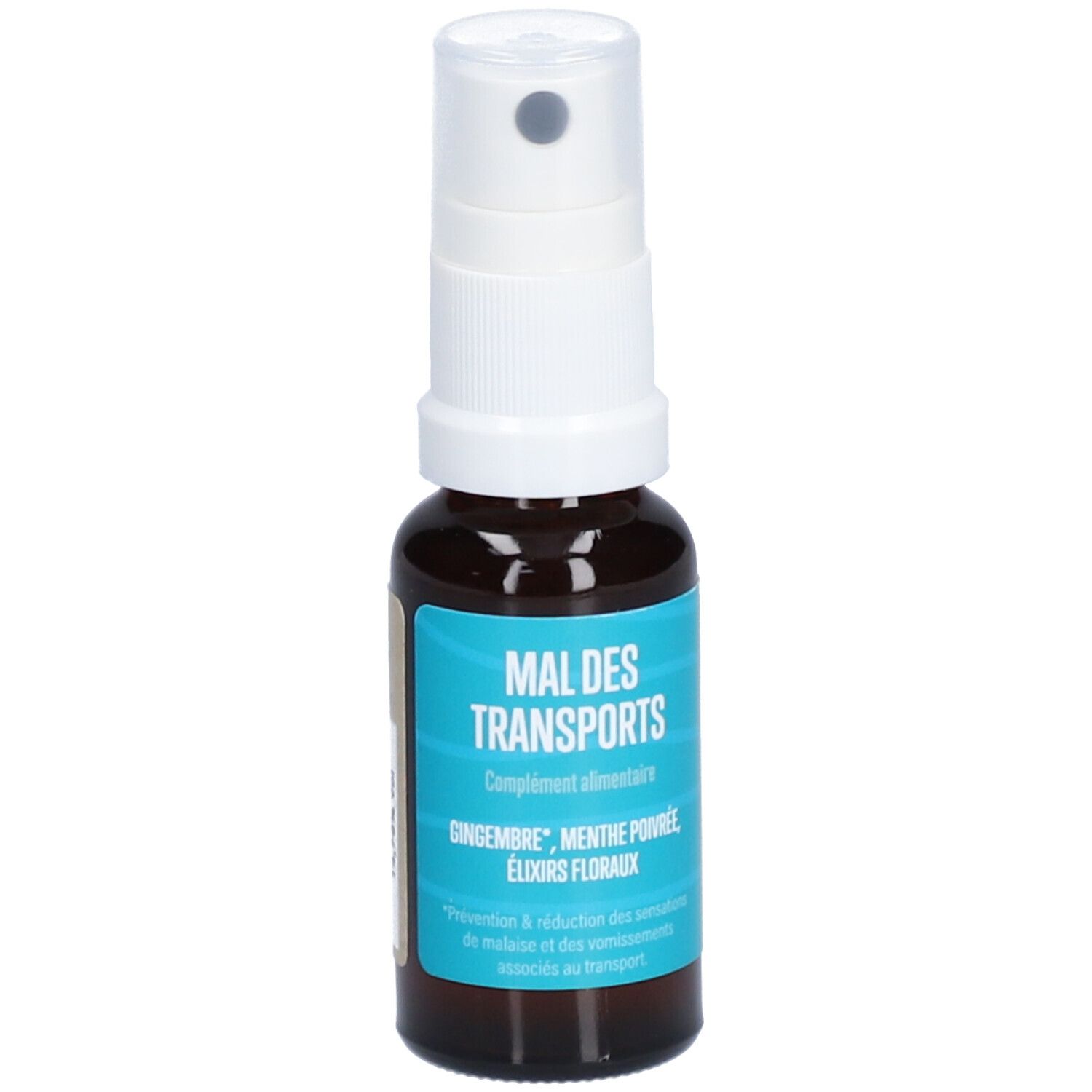 Braune Flasche mit weißem Sprühkopf. Aufschrift: MAL DES TRANSPORTS. Ergänzungsmittel. Ingwer, Pfefferminze, Blütenessenzen. 20 ml.