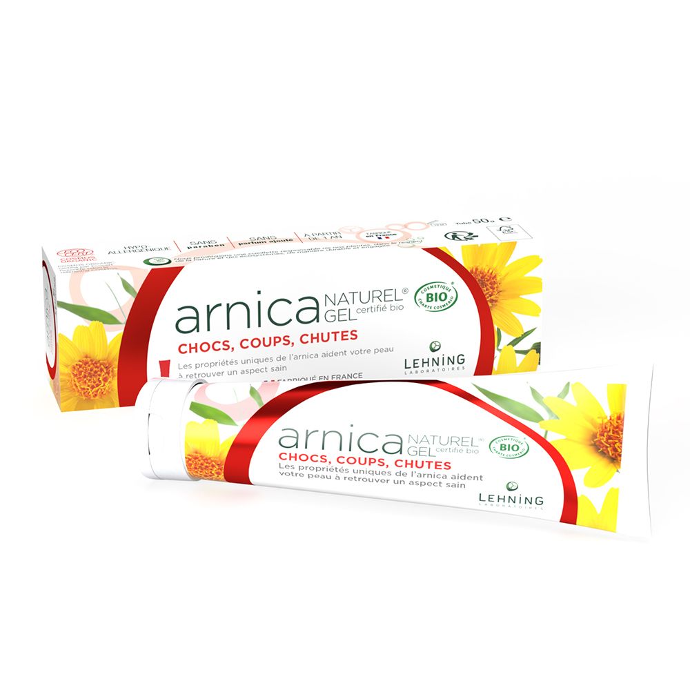 Arnica gel tube en doos. Gel gecertificeerd bio. Opschrift: Chocs, Coups, Chutes. Merk Lehning.