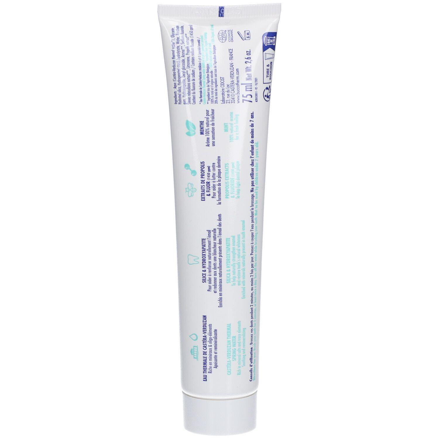 Dos du tube de dentifrice blanc. Inscriptions et symboles. 75 ml. Certification Bio.