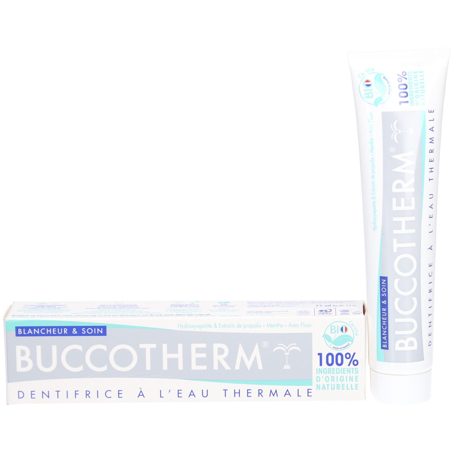 Tube et boîte de dentifrice. Sur la boîte: Buccotherm, Blancheur & Soin, Dentifrice à l'Eau Thermale. Certification Bio.