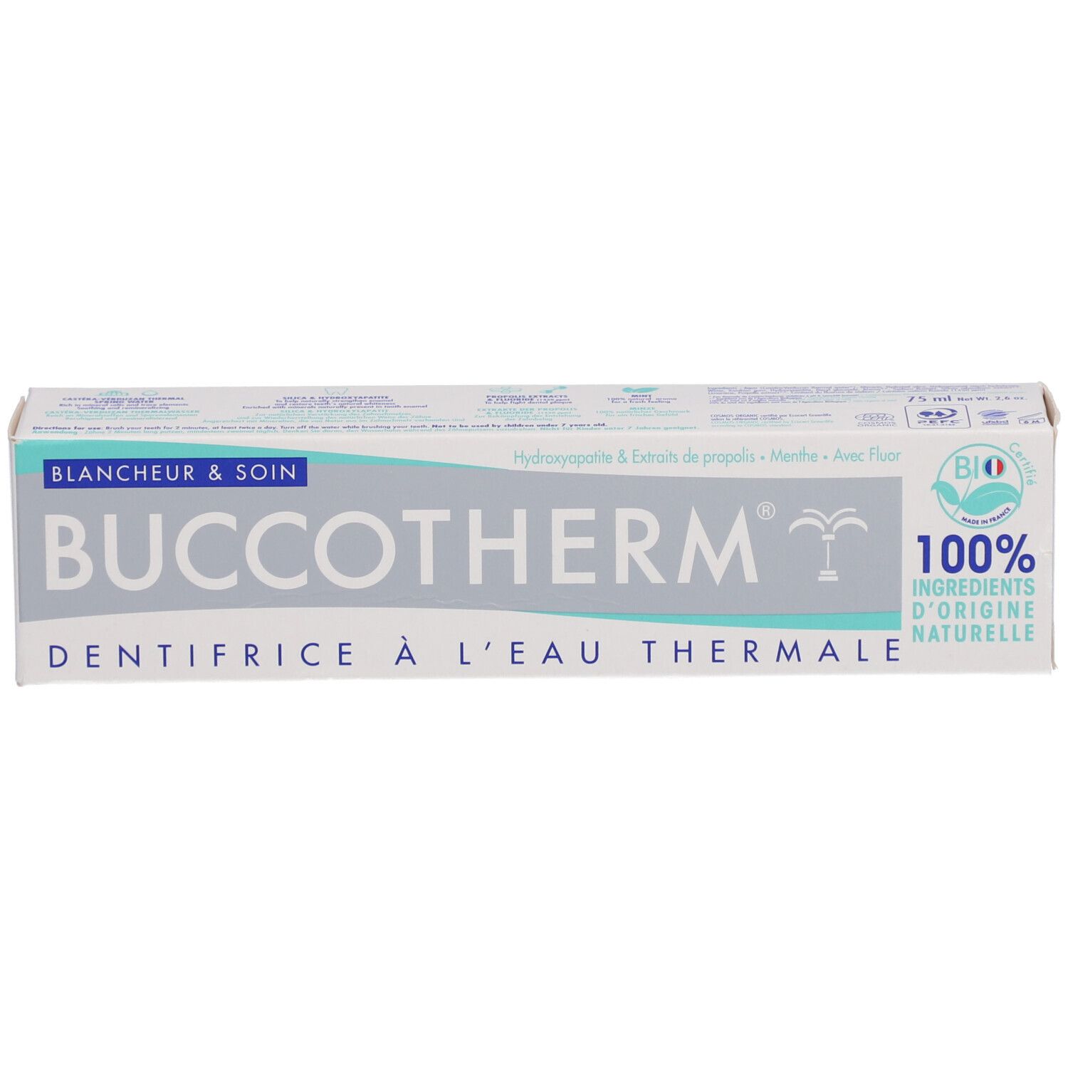 Boîte de dentifrice. Inscription: Buccotherm, Blancheur & Soin, Dentifrice à l'Eau Thermale. Certification Bio.