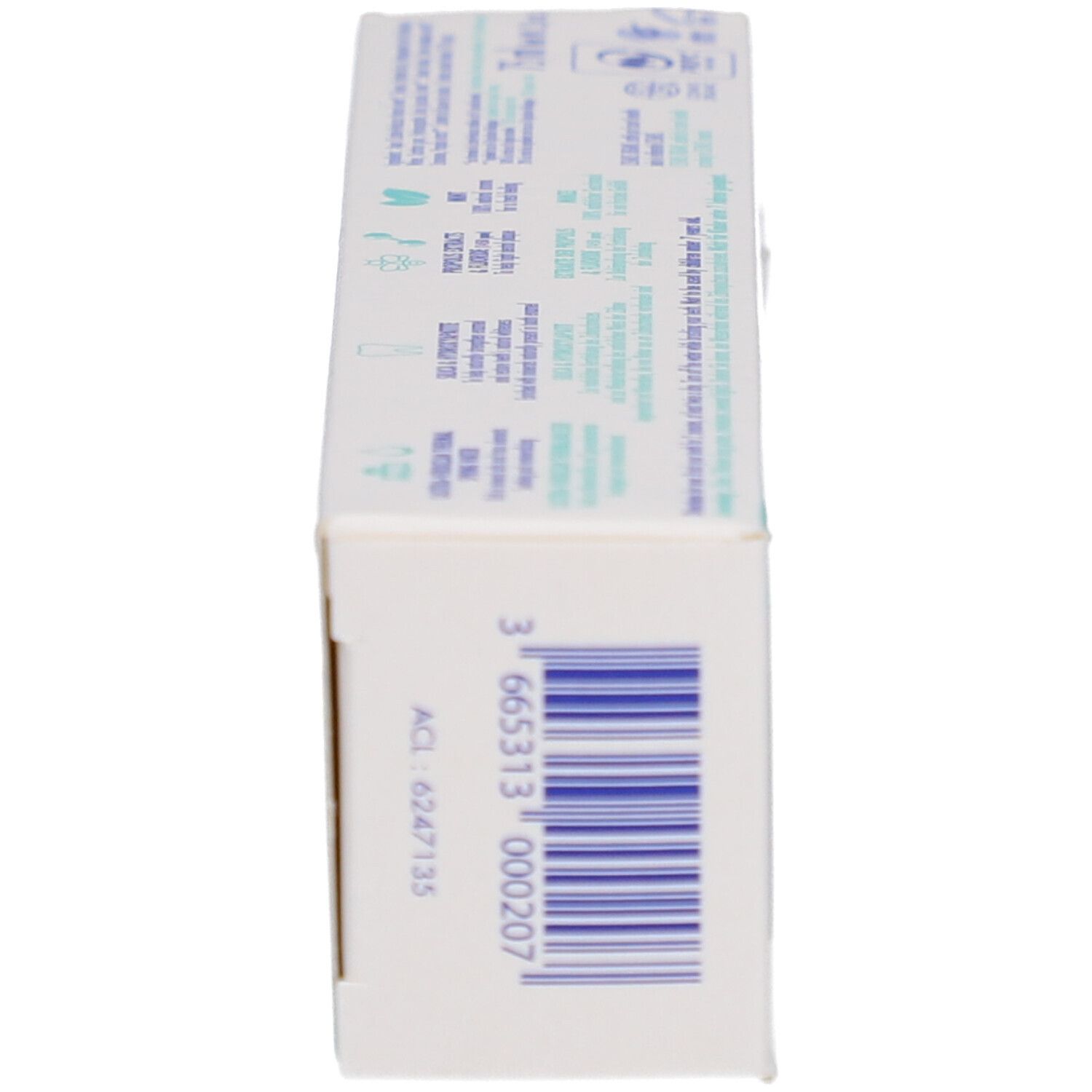 Boîte de dentifrice, vue latérale. Code-barres et informations produit.