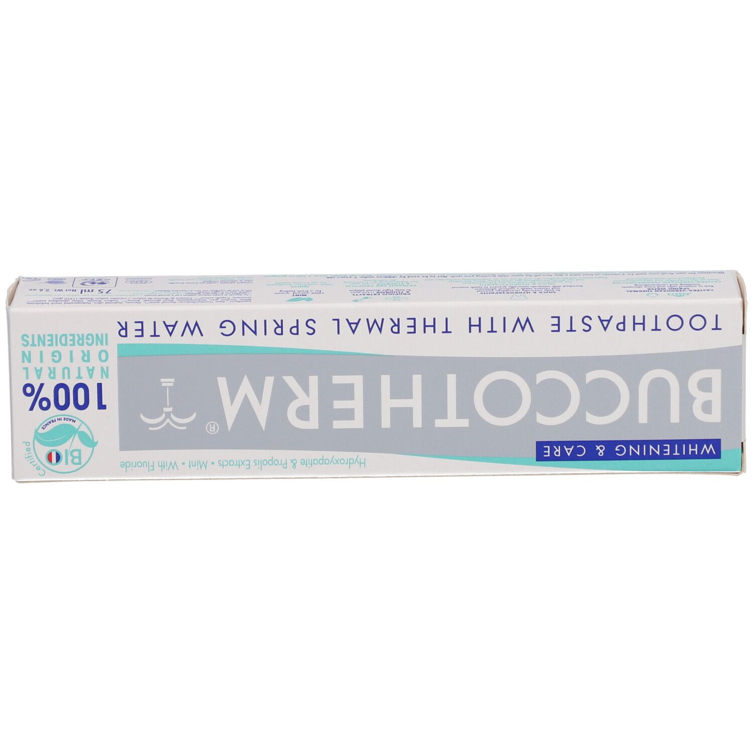 Boîte de dentifrice, dessus. Inscription: Buccotherm, Whitening & Care, avec eau thermale. Certification Bio.