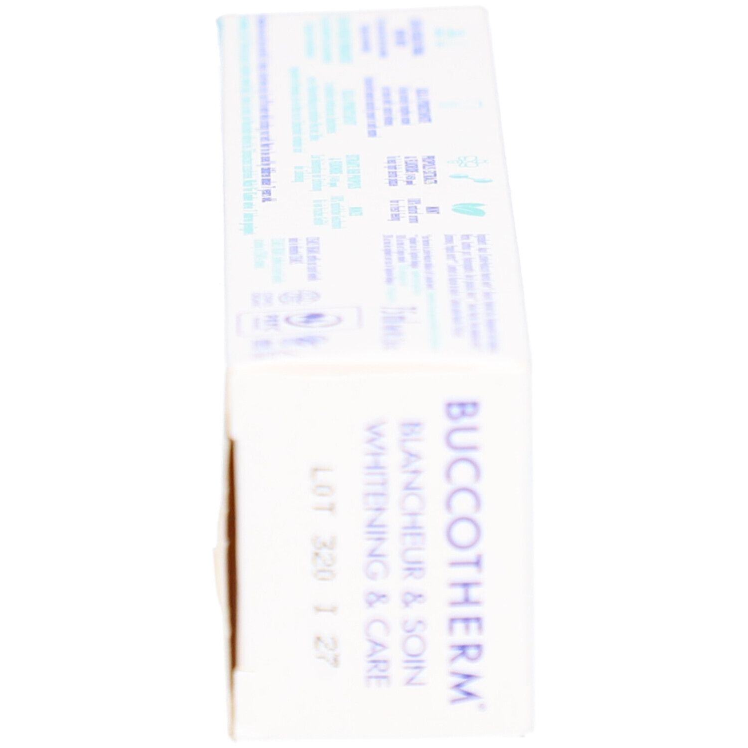 Boîte de dentifrice, vue latérale. Inscription: Buccotherm, Whitening & Care, Blancheur & Soin.
