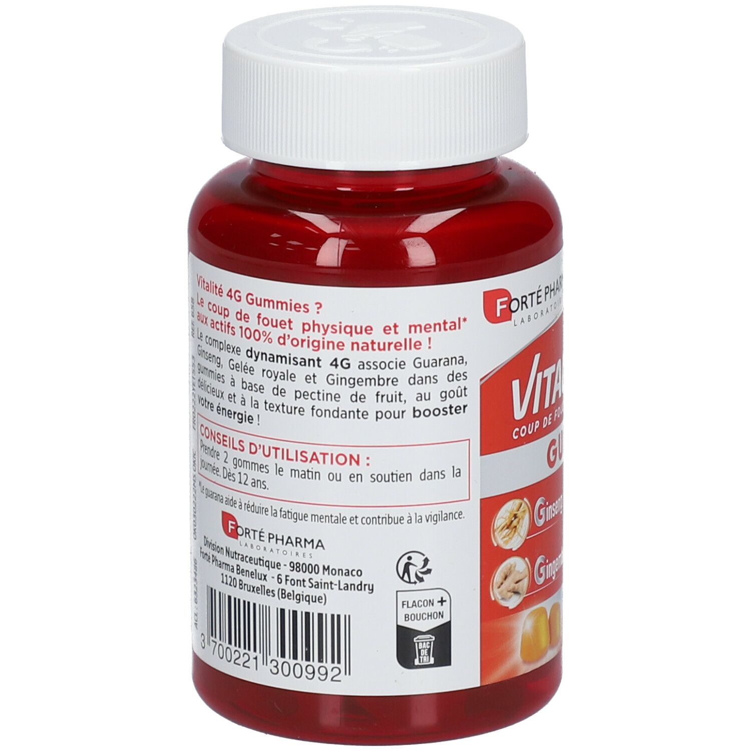 Dos du flacon. Texte: Vitalité 4G Gummies. Contient Guarana, Gelée Royale, Gingembre. Conseils d'utilisation. Informations fabricant.