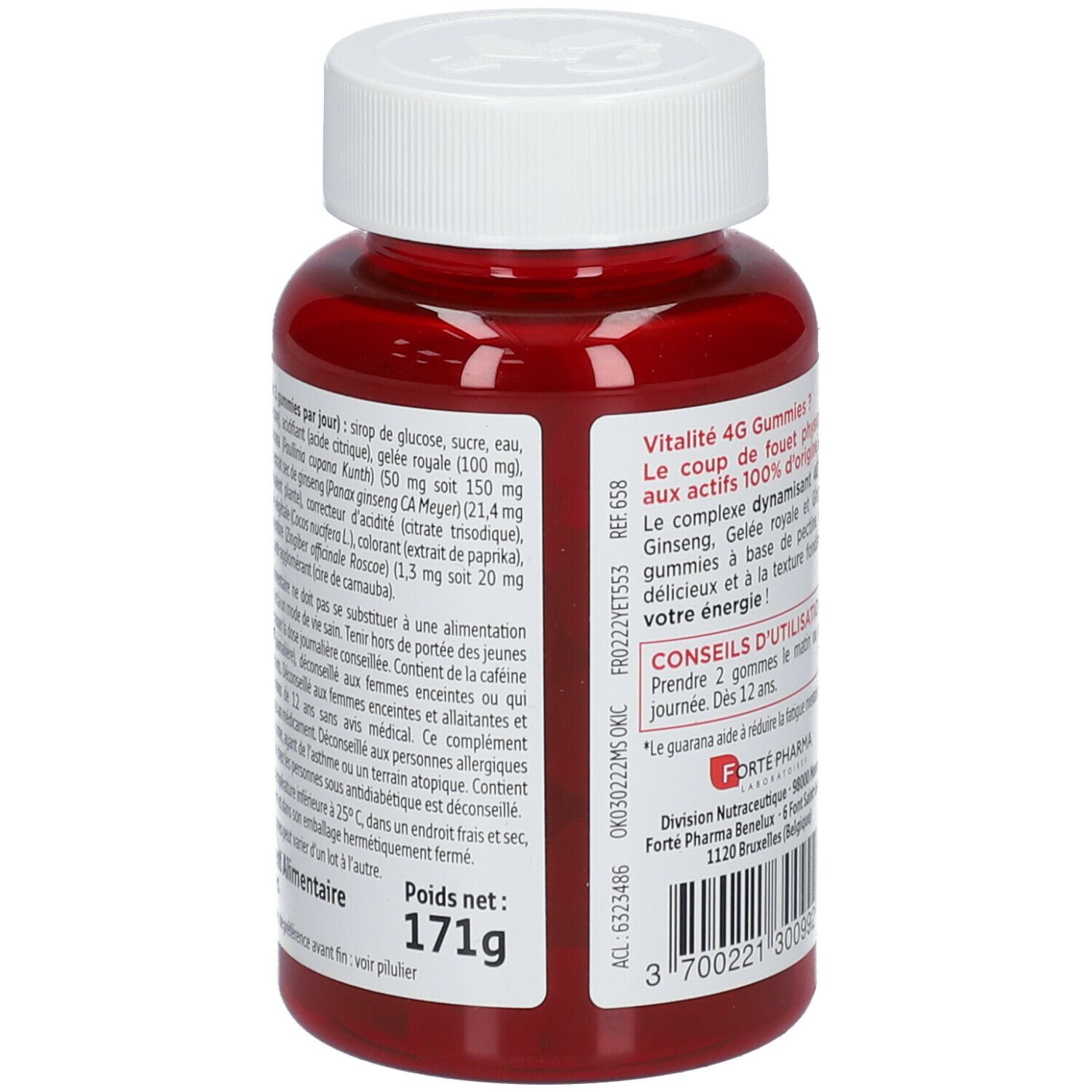 Dos du flacon. Texte: Vitalité 4G Gummies. Liste des ingrédients. Poids: 171g. Informations fabricant.